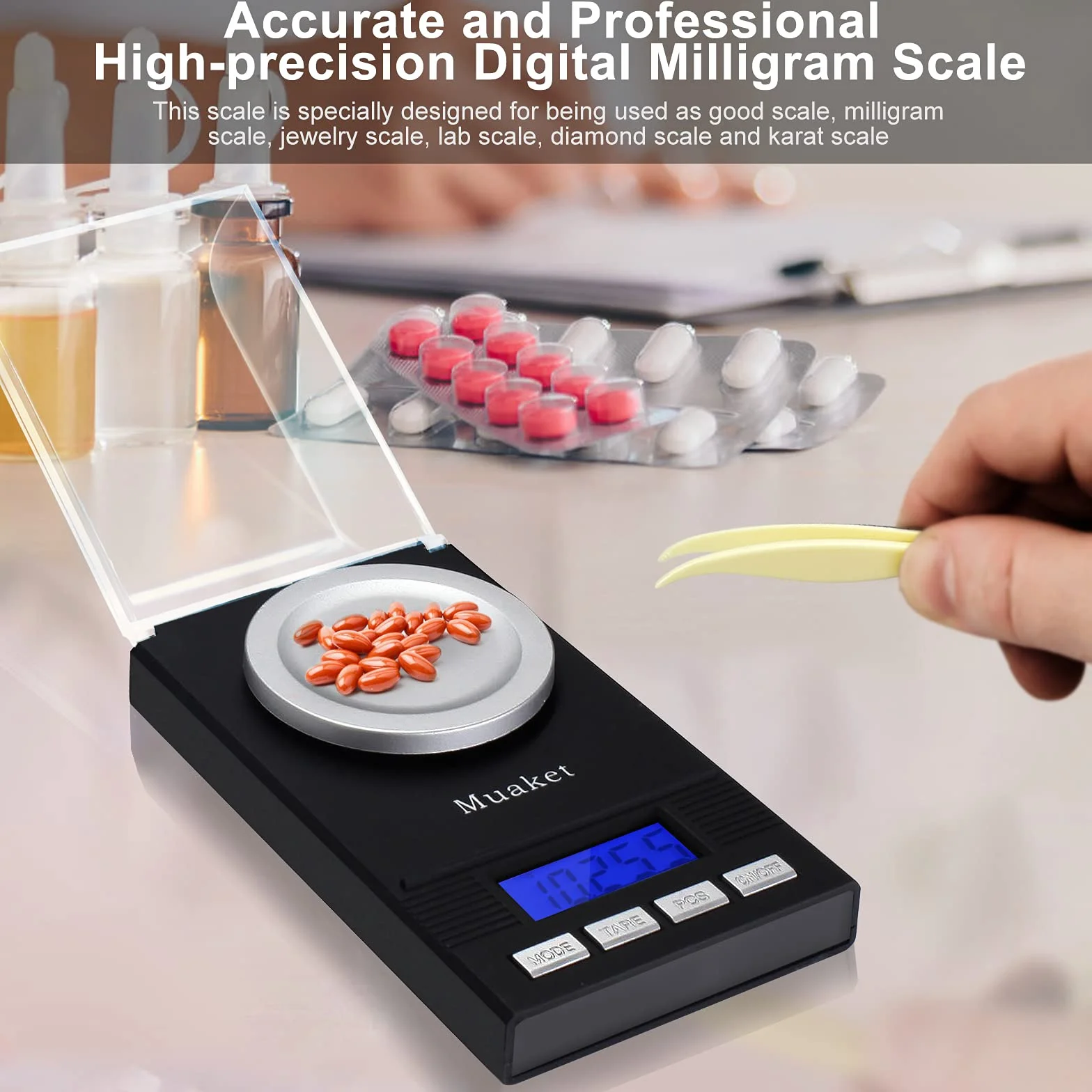 MG waga probiercza 50 g/0,001 g, waga kieszonkowa z wyświetlaczem LCD, bardzo precyzyjna waga laboratoryjna, waga apteczna waga proszkowa z odważnikami kalibracyjnymi, pęsetą i podkładkami