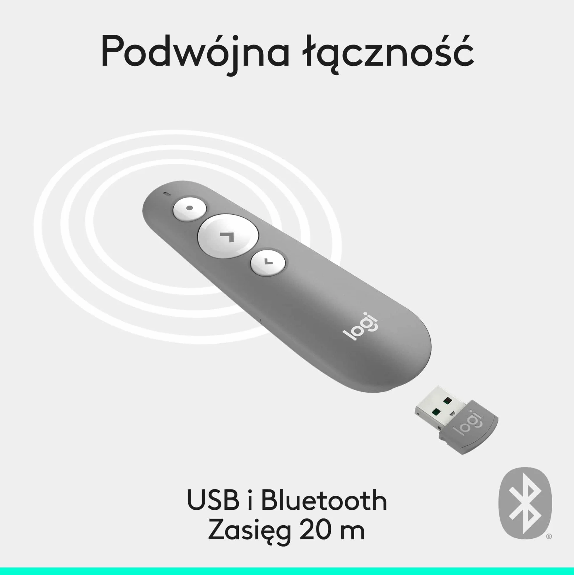 Logitech R500s Laserowy wskaźnik/Pilot do prezentacji (Klasa 1) – Bluetooth i USB; uniwersalna kompatybilność, inteligentna bateria: 12 miesięcy użytkowania - Jasnoszary