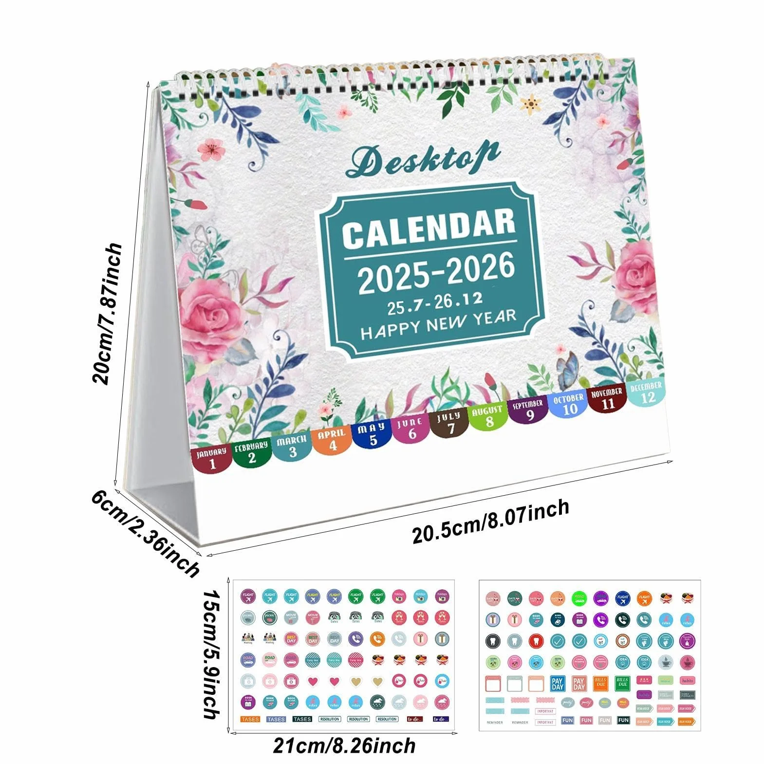 Desktop Calendar 2025-2026, Monthly Planner, 8x7.8 Inch with Stickers for Home School