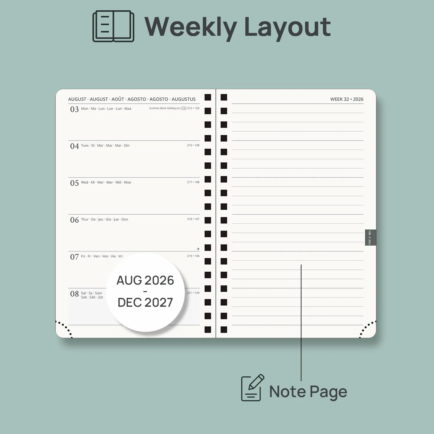 POPRUN Agenda Pocket 2026 2027 A6 Tygodniowy Planner i Notatnik od Sierp'26 - Gru'27, Mały Format 16 x 10,5 cm, Miękka Okładka Spiralna, Papier 80 gsm, Linijka，Różowy