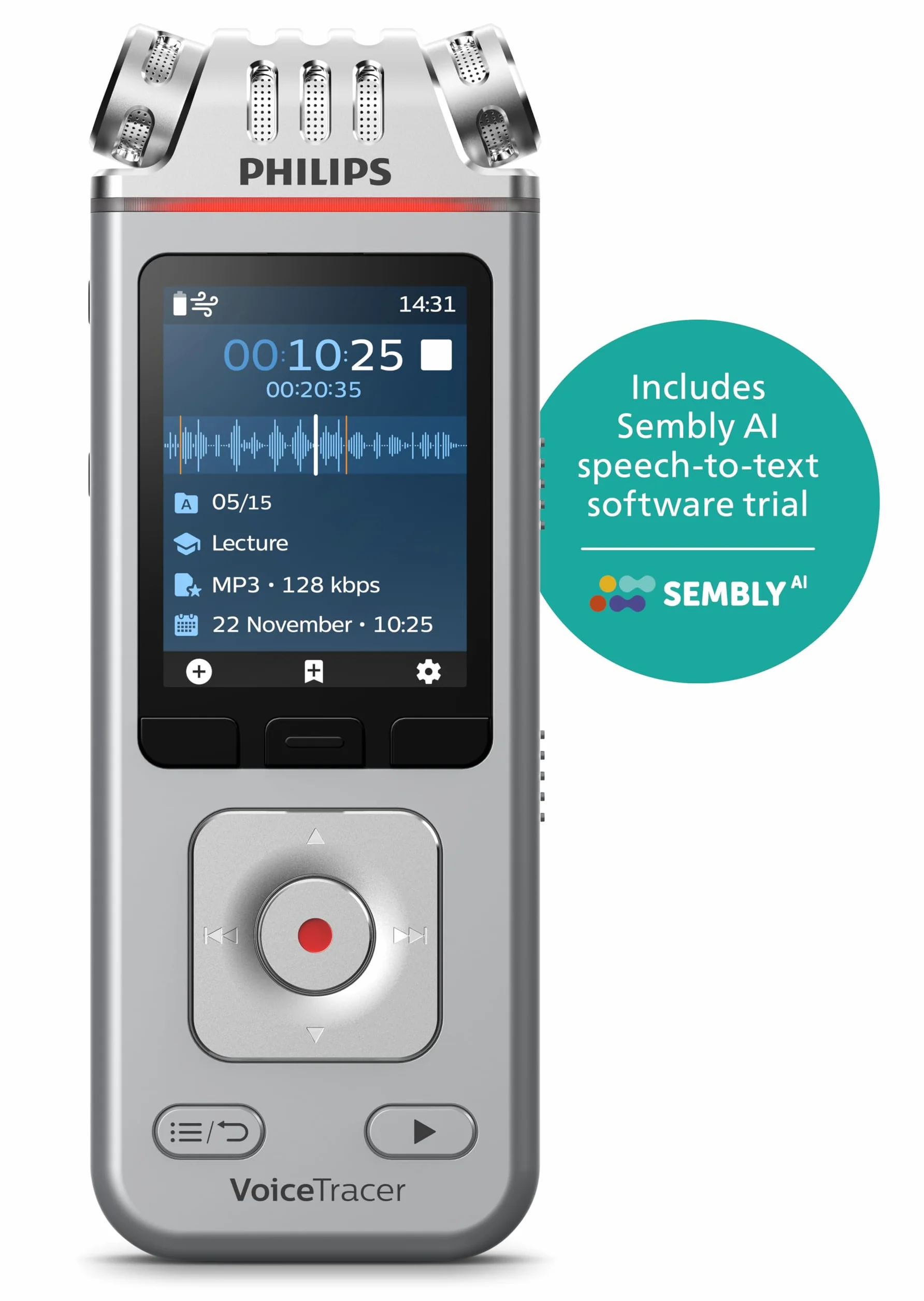 Philips VoiceTracer DVT4115 dyktafon, nagrywarka, 8 GB, MP3 i PCM, 3 mikrofi HiFi. Sembly KI rozpoznawanie mowy, tworzenie streszczeń, protokołów sesji i to-DOS