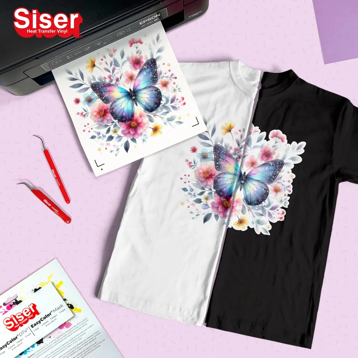Siser Easy Color DTV Pack 5+5, termotransferowy winyl do druku atramentowego, 5 arkuszy A4 Easy Color i 5 arkuszy A4 z taśmą aplikacyjną