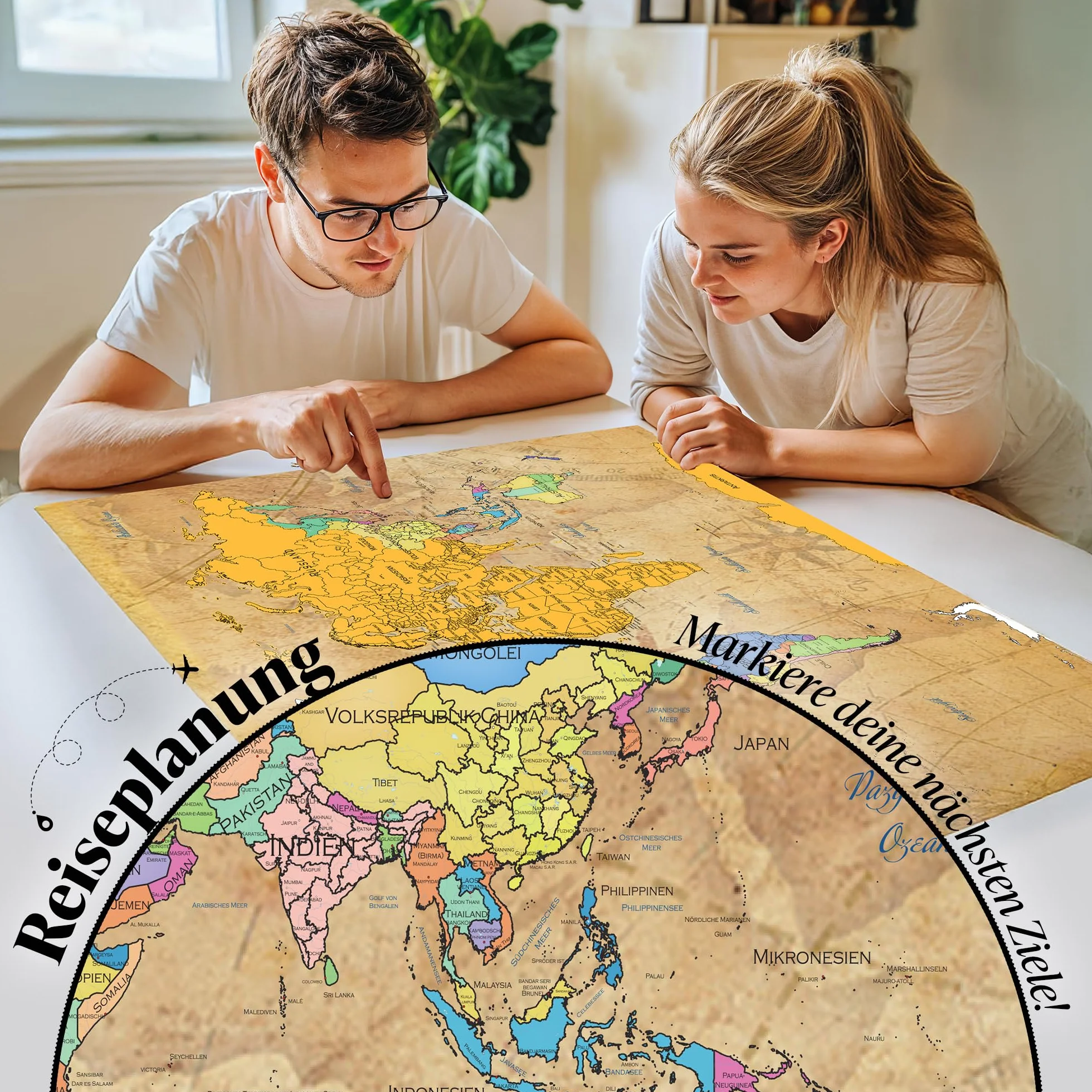 FlyHigh Mapa świata XXL do zdrapywania w języku niemieckim (82 x 60 cm) wraz z naklejkami, narzędziem do zdrapywania i ściereczką z mikrofibry (złoty)