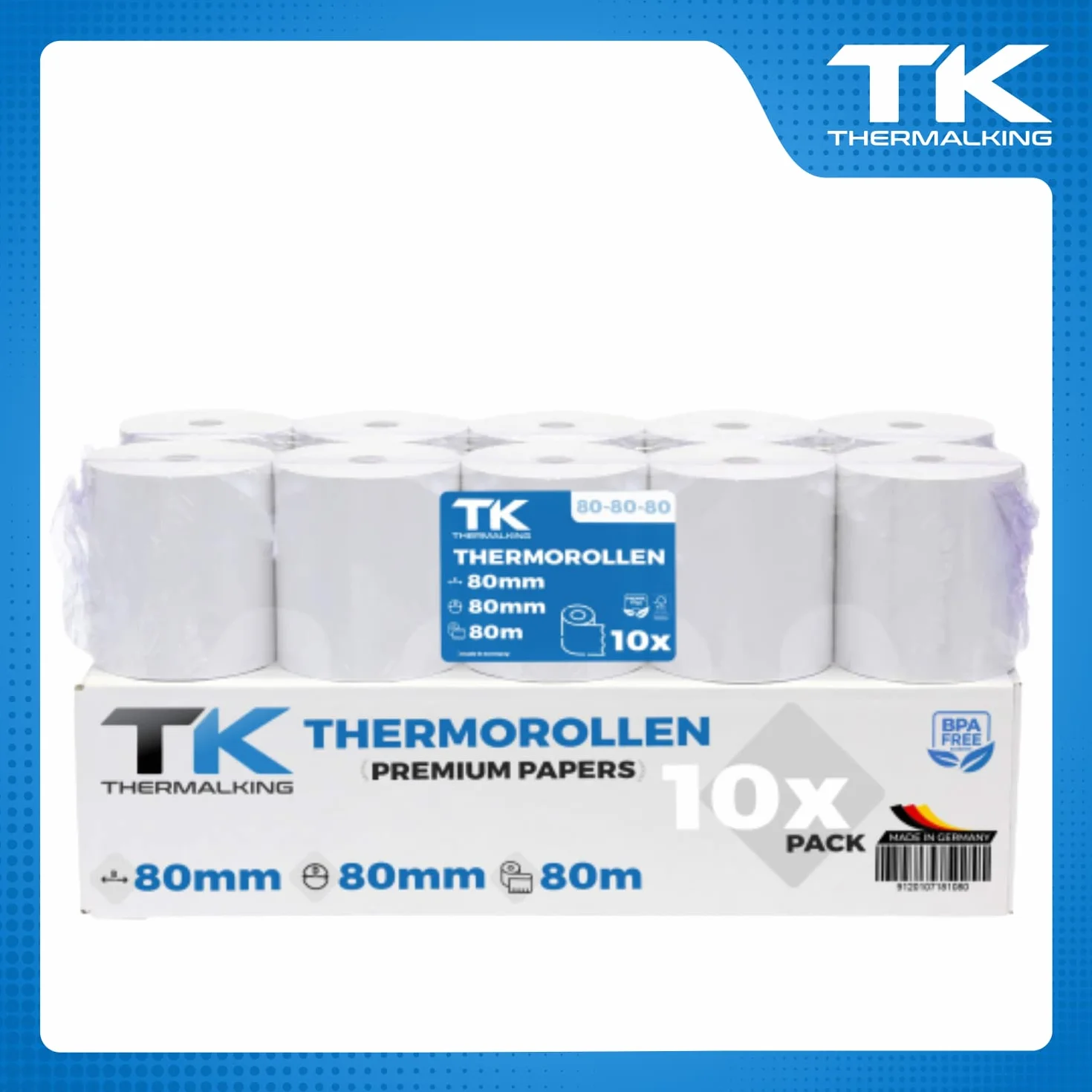 Opakowanie 10 rolek termicznych premium 80mm x 80mm x 12mm - rolki paragonowe z papieru termicznego (80 80 12) - certyfikowane do drukarek kasowych takich jak IBM, Metapace i wielu innych.