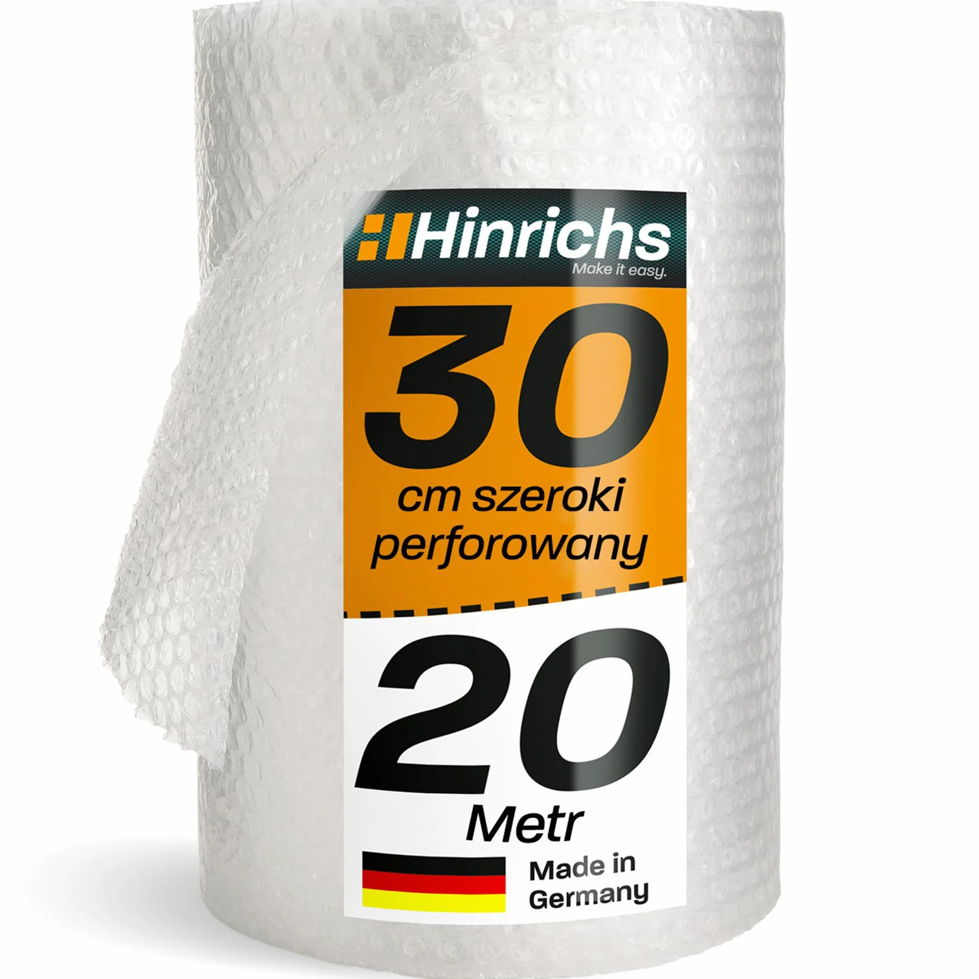 Hinrichs Folia Bąbelkowa w Rolce 20m x 30cm perforowana - Idealna do Wysyłki, Pakowania i Przenoszenia - Możliwość 100% Recyklingu - Folia Bąbelkowa jako Materiał Opakowaniowy - Materiał amortyzujący