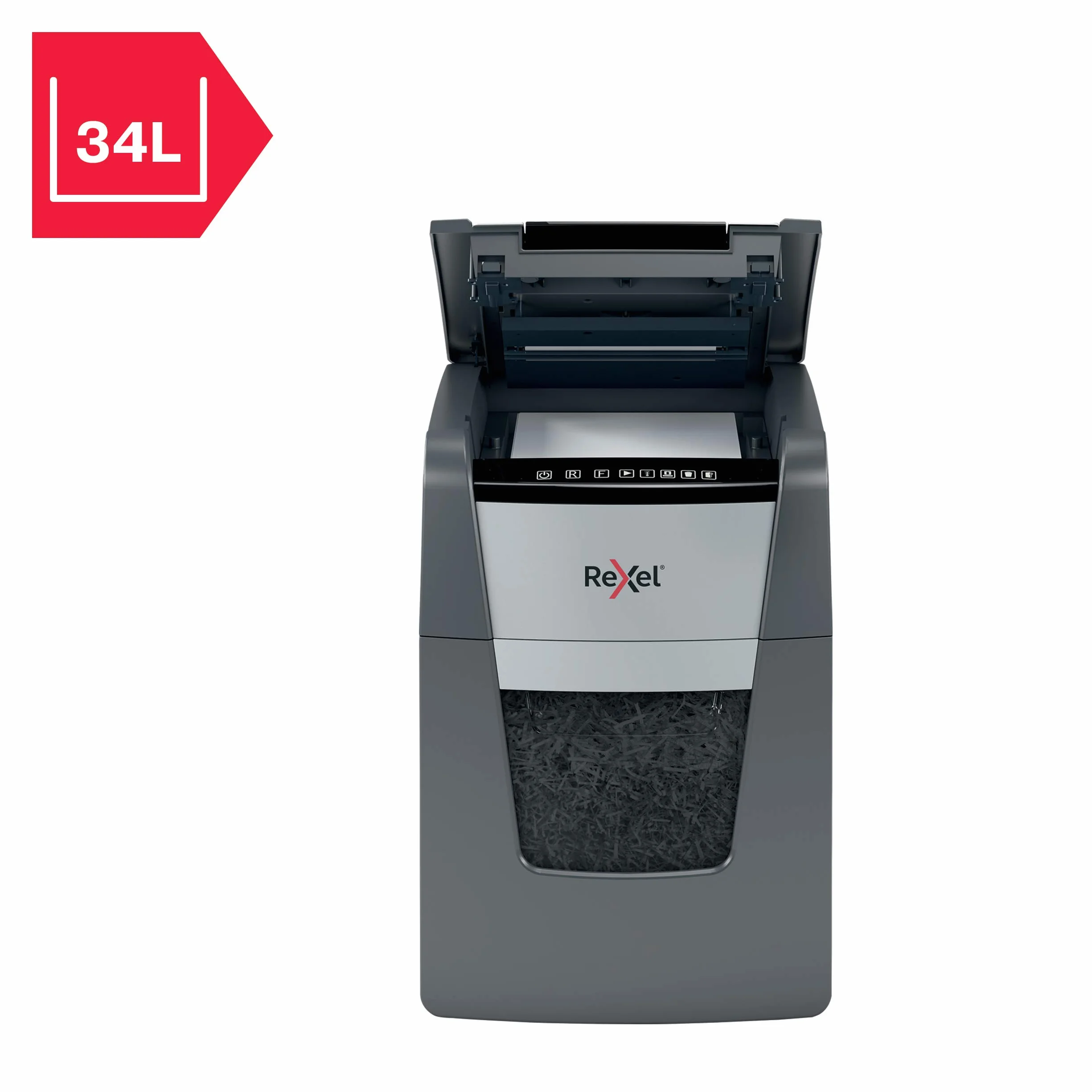 Rexel Optimum Auto Feed+ Automatyczna Niszczarka do Papieru, 90 Arkuszy, Bezpieczeństwo P-4, Tnie na Konfetti, do Domowego Biura, Pojemność 34 L, 2020090X