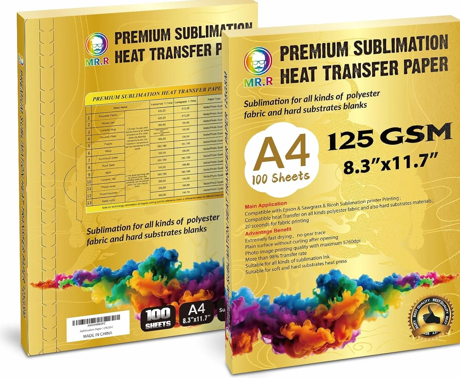 Papier termotransferowy premium do sublimacji 125 g/m² z arkuszami A4 × 100 arkuszy zarówno do tkanin poliestrowych, jak i twardych sztywnych materiałów podłoża. Nadaje się do drukarki atramentowej