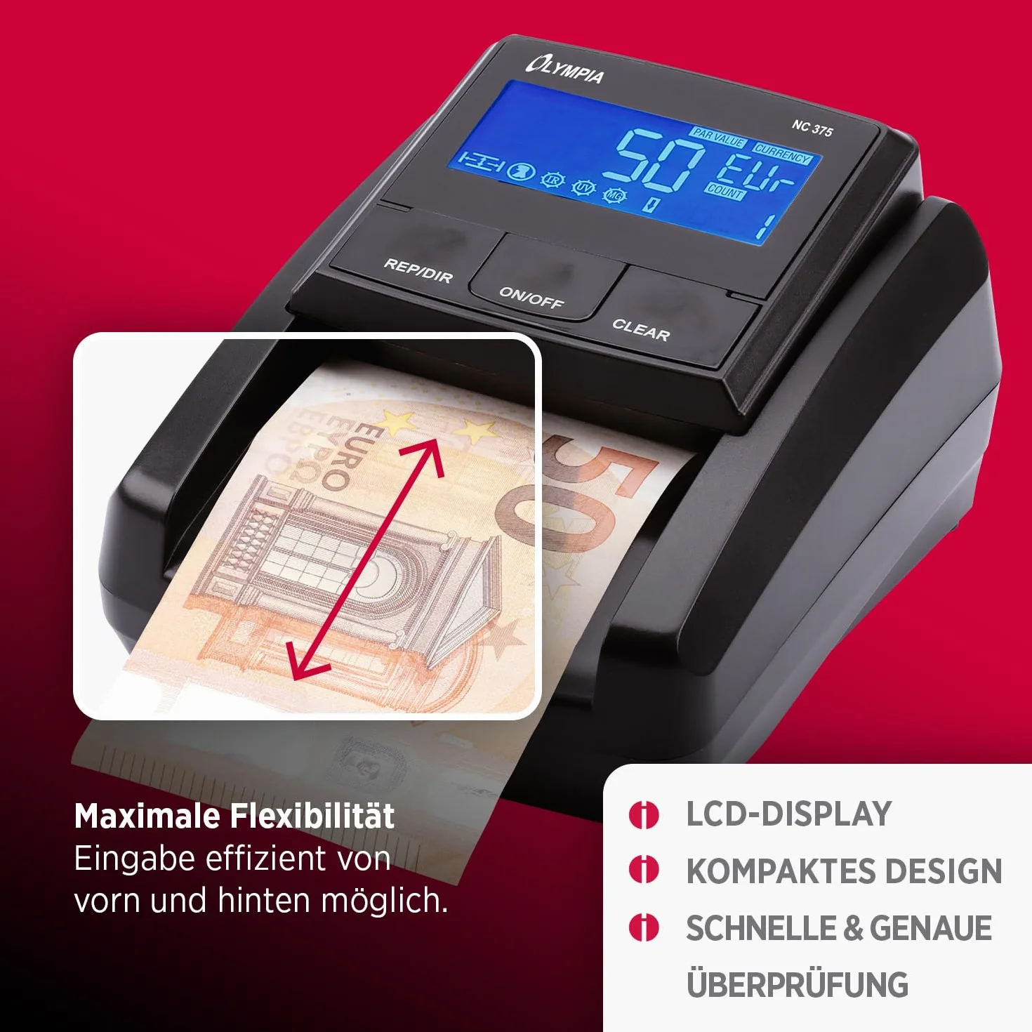 Olympia NC 375 tester banknotów z czujnikami IR MG UV licznik euro dolarów funtów wysoka prędkość kontroli LCD