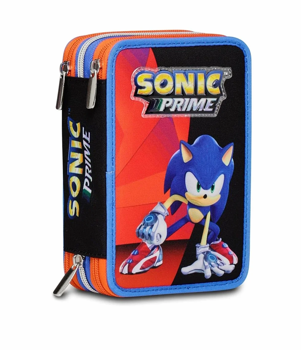 Sonic piórnik 3 przegródki niebieski czerwony zestaw 43 sztuki przybory szkolne