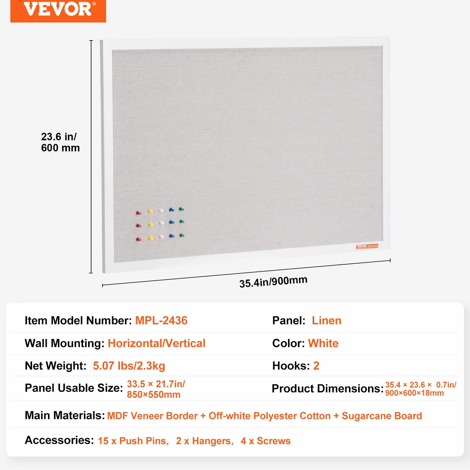 VEVOR Biała tablica korkowa 91 cm x 61 cm z lnianą powierzchnią, stylowa tablica ogłoszeń do domu, szkoły, biura - elegancka i funkcjonalna tablica ogłoszeń