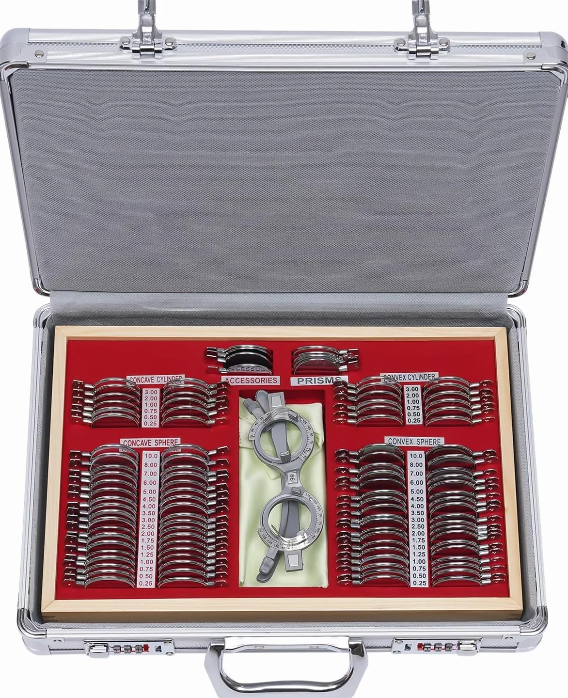 Zestaw 104 soczewek testowych Trial Lens z metalowymi soczewkami optometrycznymi aluminiowa walizka
