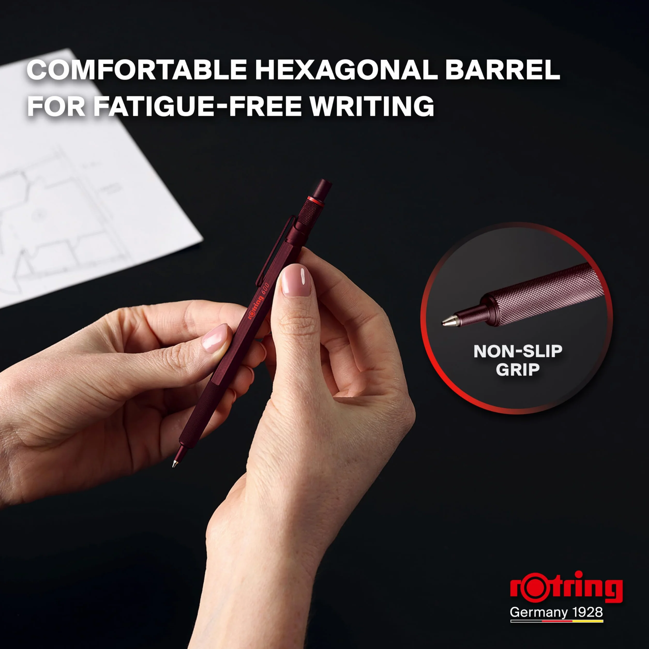 rOtring 600 Długopis | Końcówka Medium | Czarny tusz | Obudowa długopisu w całości wykonana z metalu | Chocolate Truffle | Antypoślizgowy uchwyt radełkowany i sześciokątny korpus | Z wymiennym wkładem