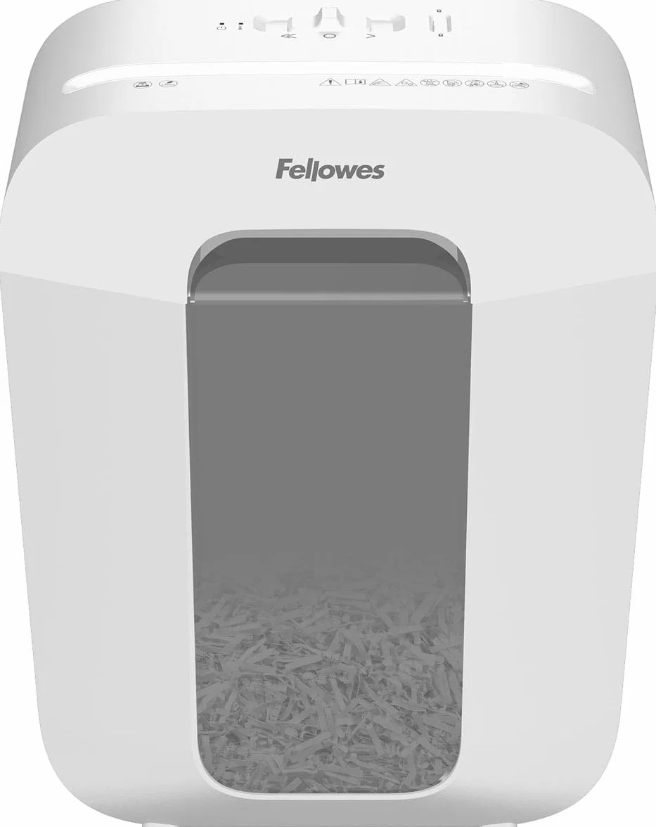 Fellowes Niszczarka do dokumentów, 9 arkuszy (P4), niszczarka papieru z cięciem cząstek do domowego biura, Powershred LX50, niszczarka z koszem 17 l i blokadą bezpieczeństwa, seria LX Design, biała