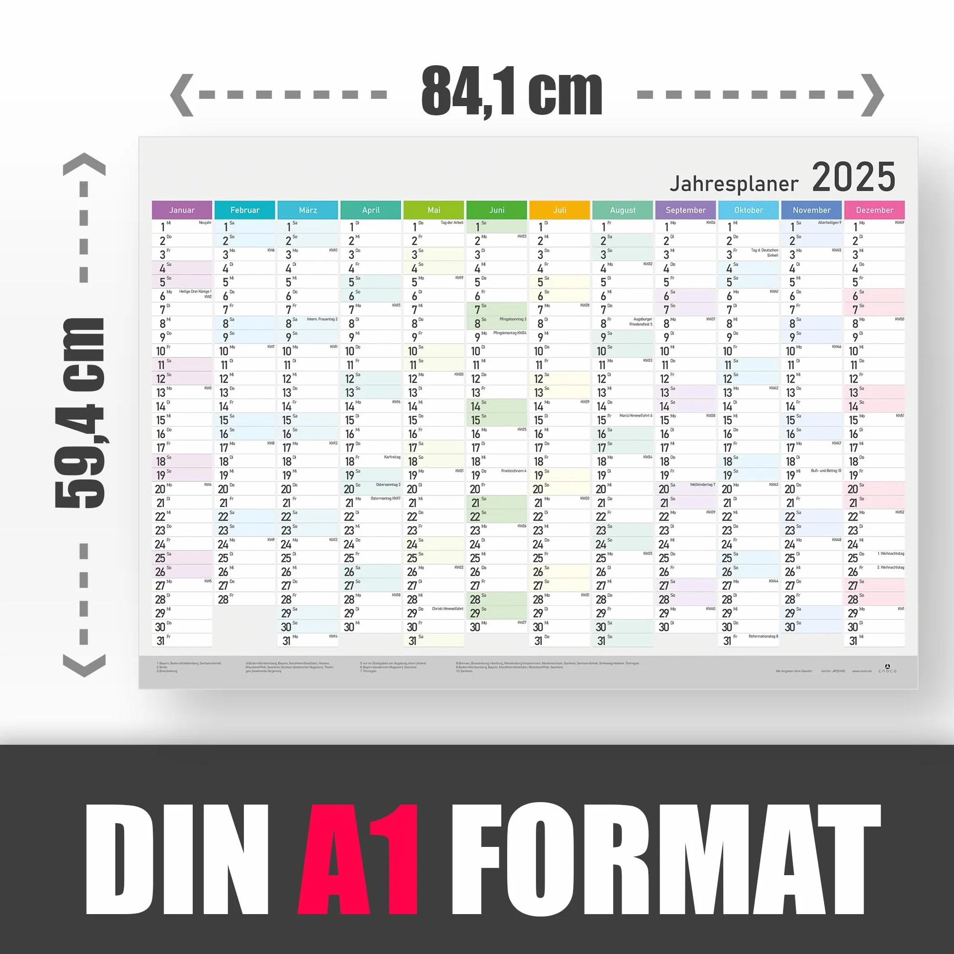 Kalendarz roczny XXL 2025 – kalendarz ścienny – planer roczny A1 (84 x 59 cm), planer ścienny z tygodniami kalendarzowymi, świętami – duży format do biura, rodziny i szkoły, kalendarz ścienny