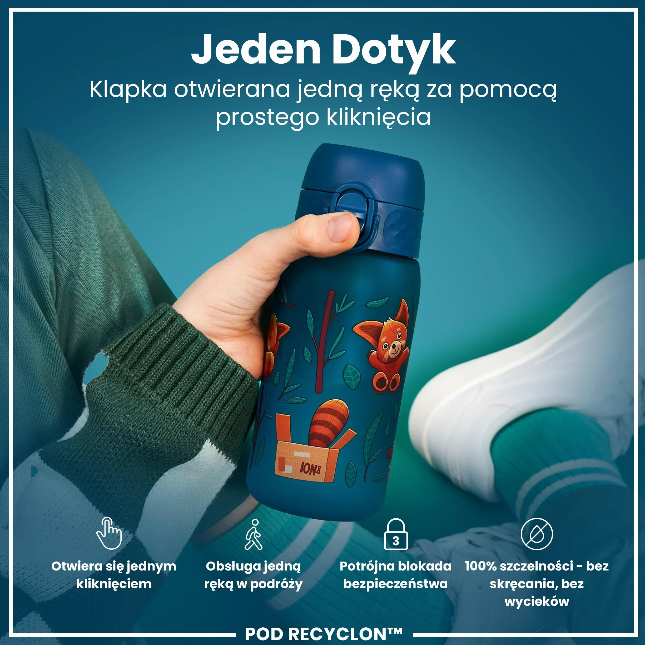 ION8 Butelka dla Dzieci, 350 ml/12 oz, Szczelna, Łatwa do Otwarcia, Bezpieczny Zamek, Można Myć w Zmywarce, Bez BPA, Uchwyt do Przenoszenia, Łatwa do Czyszczenia, Bezwonny, Czerwone Pandy