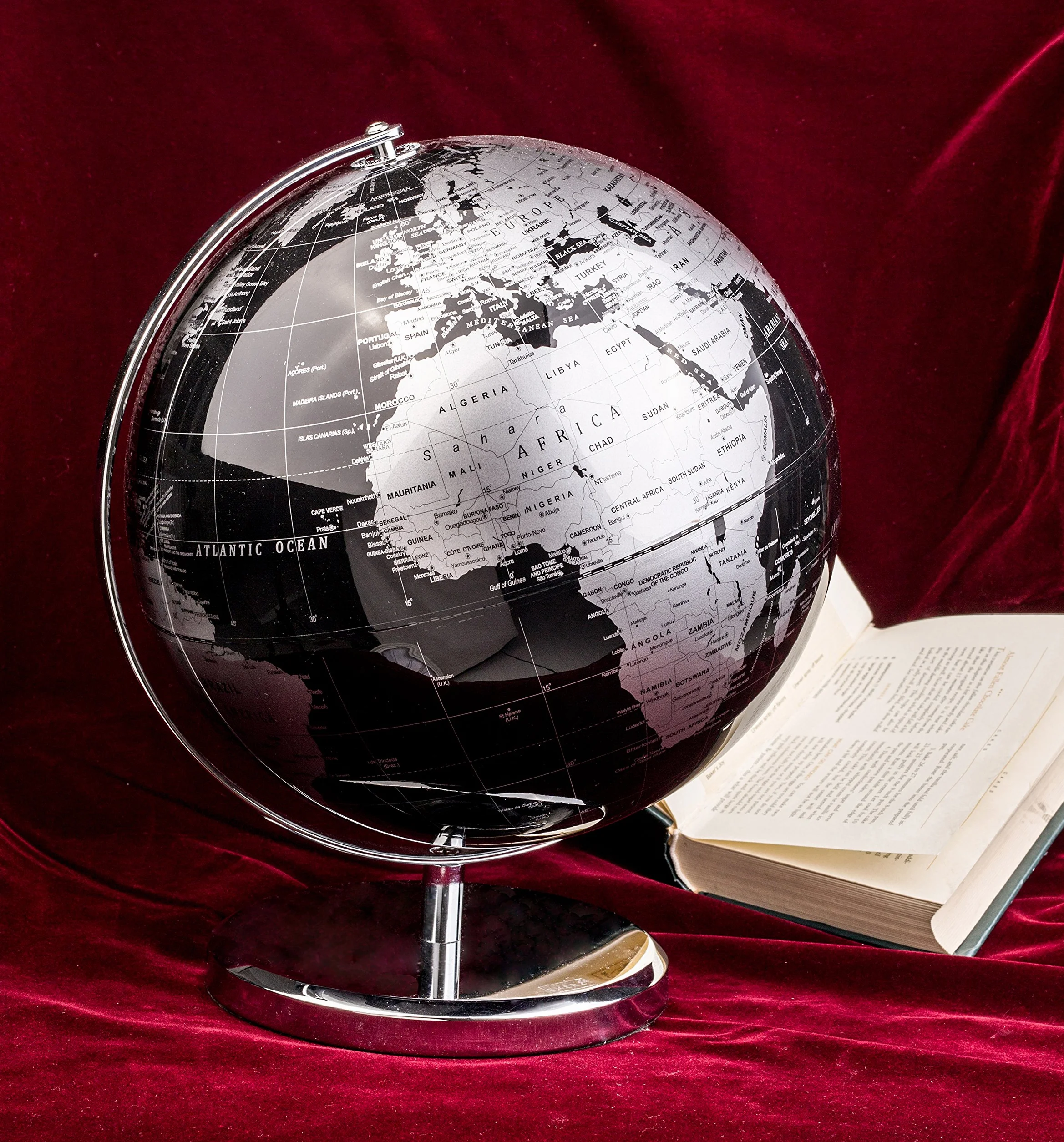 Globus światowy 25 cm z metalową podstawą - edukacyjny geograficzny globus Ziemi, metaliczny czarny
