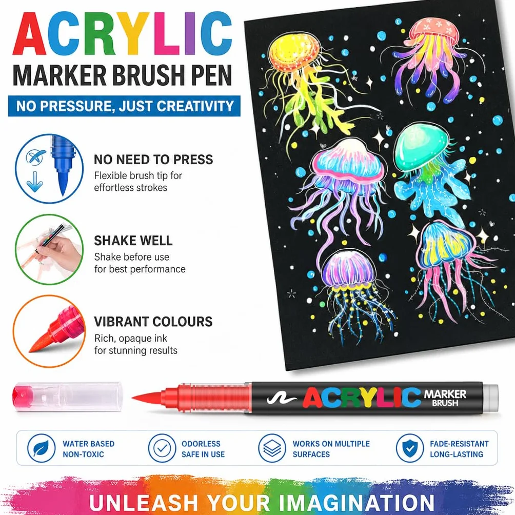 Zestaw 72 Acrylic Paint Pens · Akrylowe Pisaki z Końcówką Pędzelkową · Markery na Bazie Wody · Kryjące Pisaki do Kamienia, Szkła, Tkanin, Drewna, Płótna