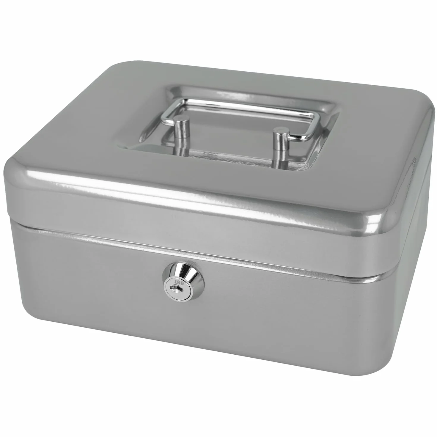 Westcott Kasetka na pieniądze z blachy stalowej, 200 x 161 x 89 mm, zamykana, z 2 kluczami i wkładką na gotówkę z tworzywa sztucznego, kolor srebrny, E-51001 SILVER