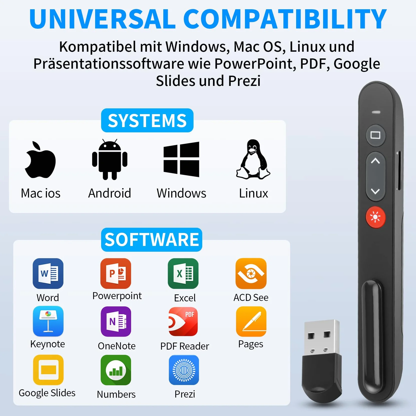 Bezprzewodowy prezenter – KKMOL pilot zdalnego sterowania, PowerPointer, wskaźnik do prezentacji, USB do PPT/Windows XP/7/8/10/Mac OS/Linux