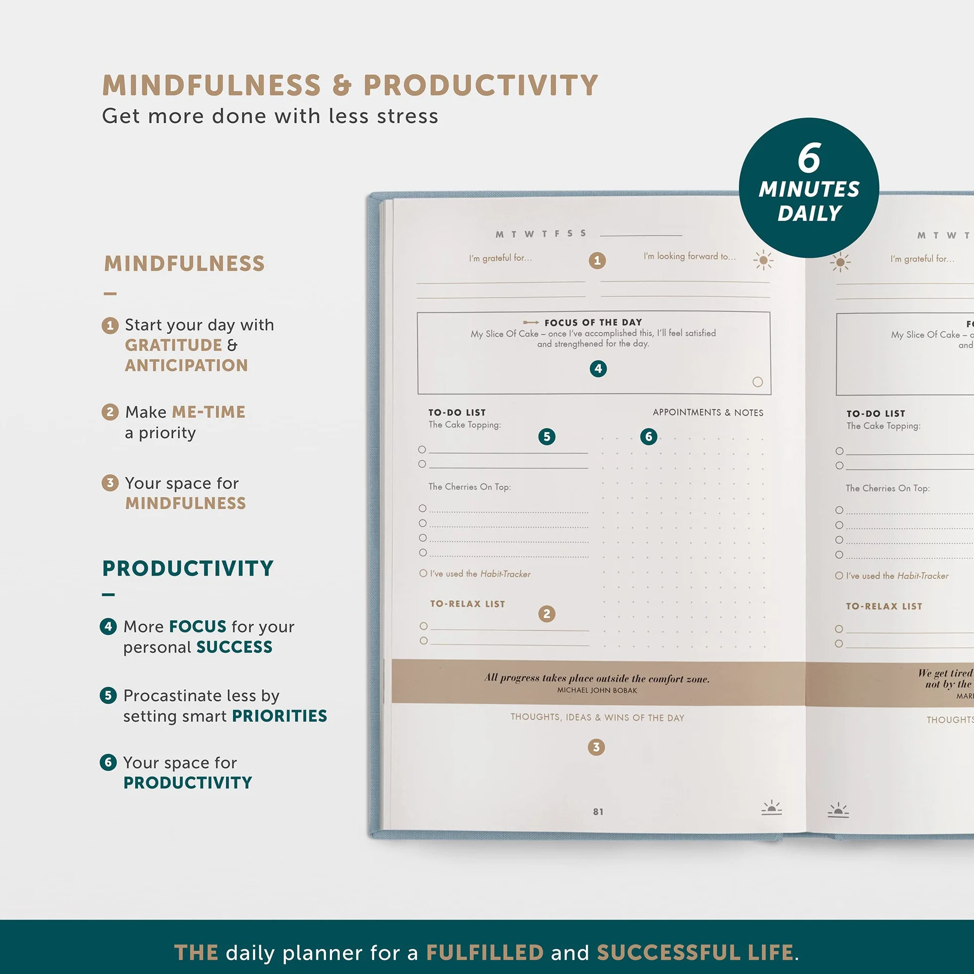 The 6-Minute Success Journal (English Version) | Osiągaj cele w skupieniu i bez stresu | 6 minut dziennie dla większej motywacji, uważności i sukcesu | Codzienny planer od twórców „Sześciominutowego dziennika” (Akwarela niebieski, Angielski (English))