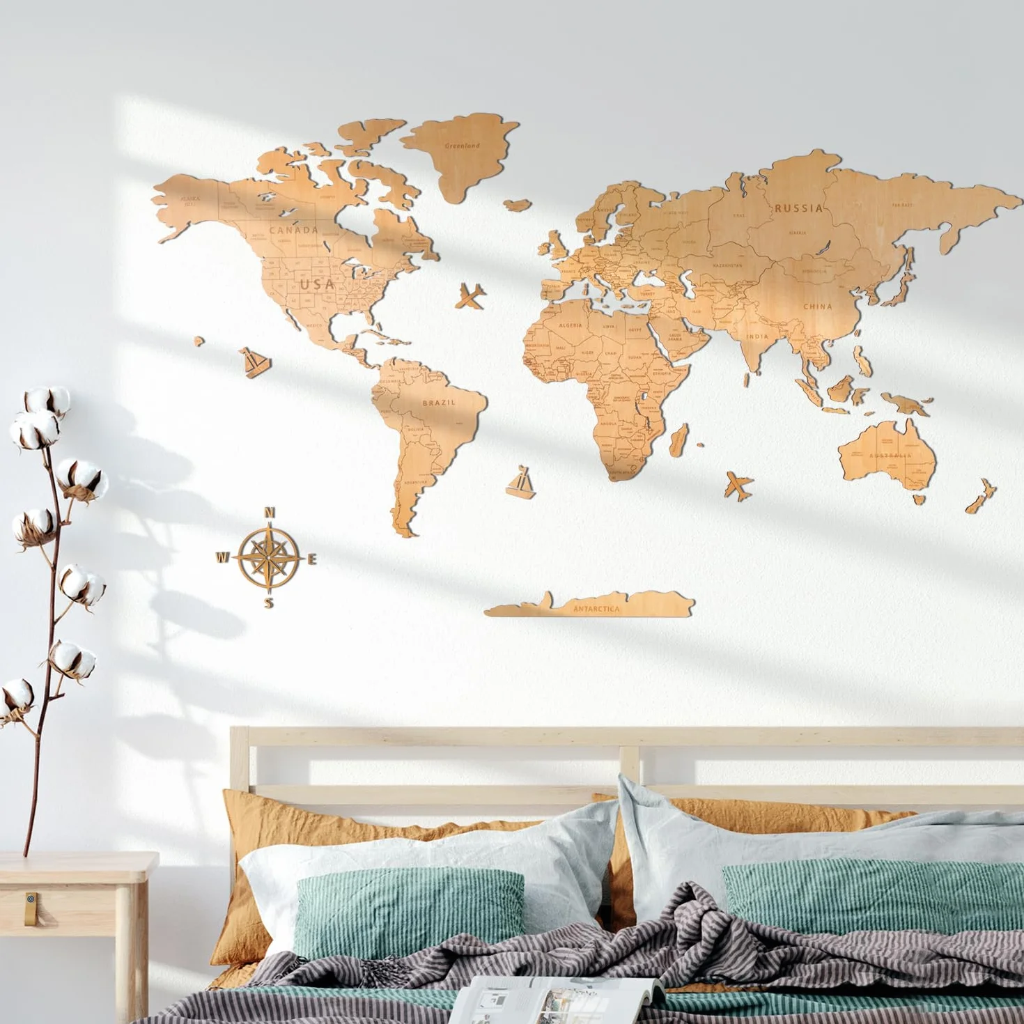 Creawoo Mapa Mundi Duża drewniana ściana Mapamundi z naturalnego drewna dekoracja ścienna do salonu biurowego, sypialni -200x114 CM Mapamundi Art Wall Decor
