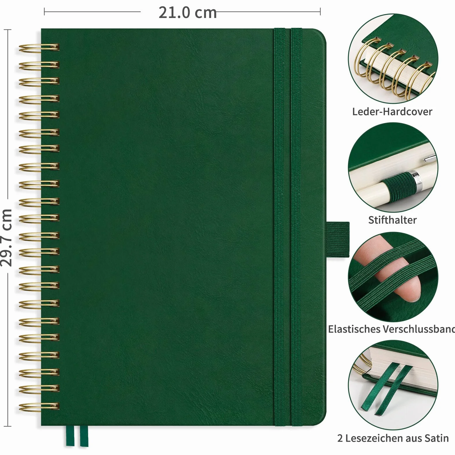 RETTACY Notatnik A4 w kratkę, Bullet Journal z 100 g/m² papierem, 150 kartek, zeszyt szkolny i biurowy, okładka z ekoskóry, ciemnozielony, 21 cm x 29,7 cm
