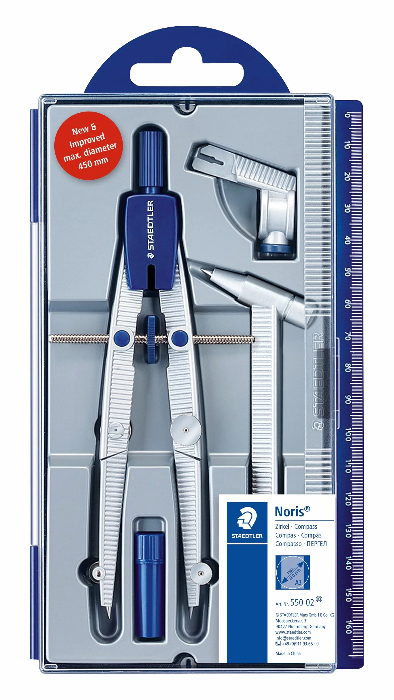 STAEDTLER 550 02 Noris kompas szkolny 350 mm z kołem środkowym i adapterem