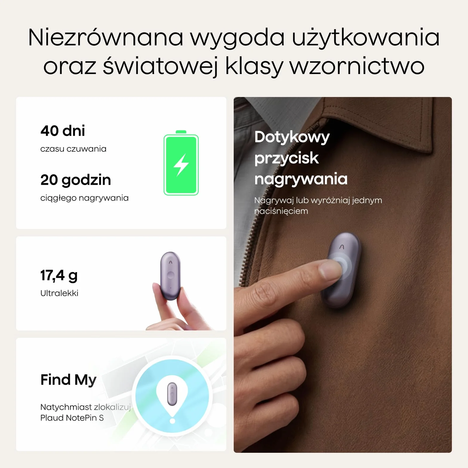 Plaud NotePin S Dyktafon AI z Dotykowym Przyciskiem Rejestrator Głosu AI Transkrypcja i Podsumowanie AI 112 Języków Pamięć 64 GB do Wykładów Spotkań Wywiadów i Zespołówz 4 Akcesoriami