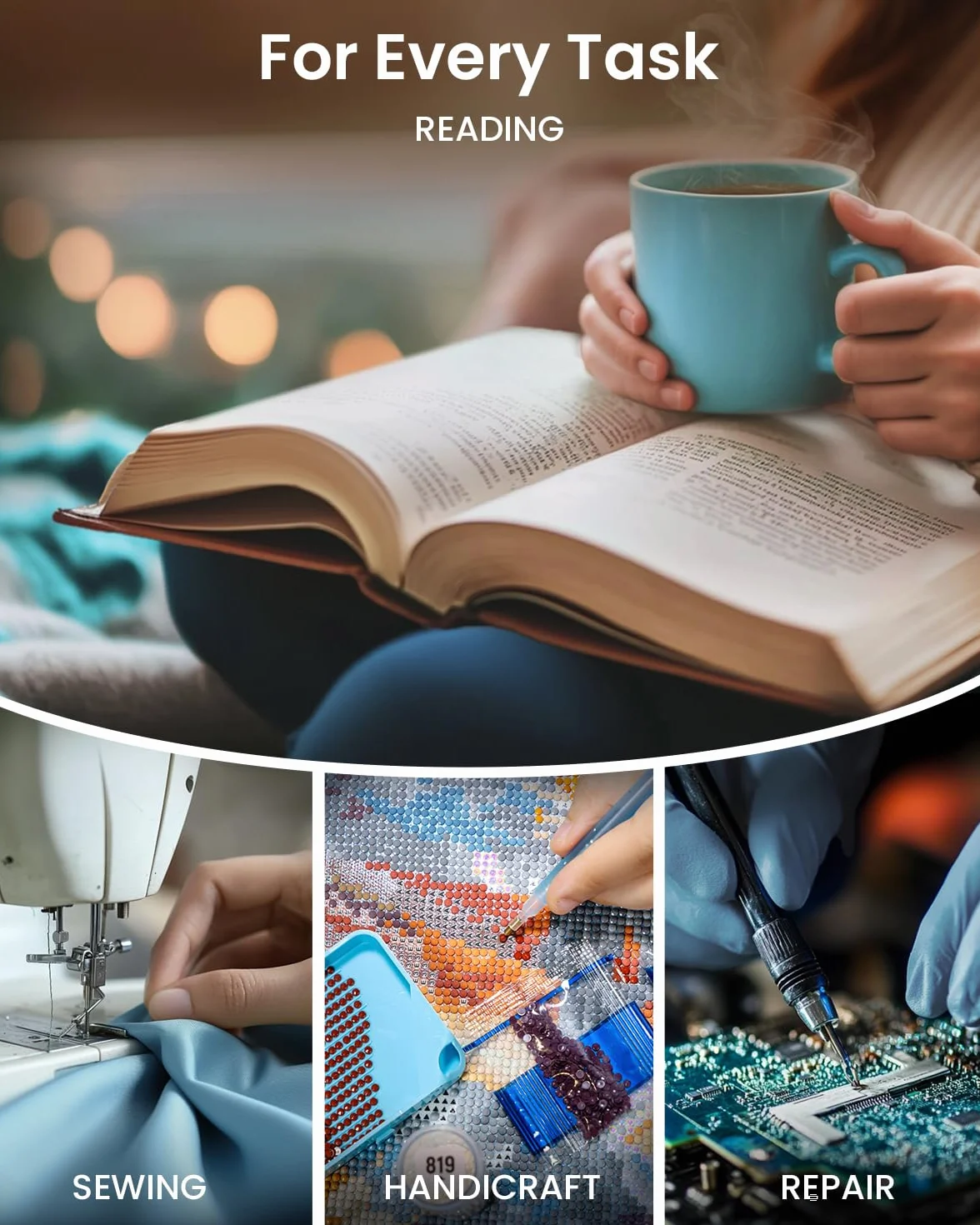ARTDOT Okulary z lupą i światłem LED do robótek, duży wzrost z 3 LED i 5 soczewkami (0.75X–4.0X). Do diamond painting i akcesoriów malowania diamentami dla dorosłych