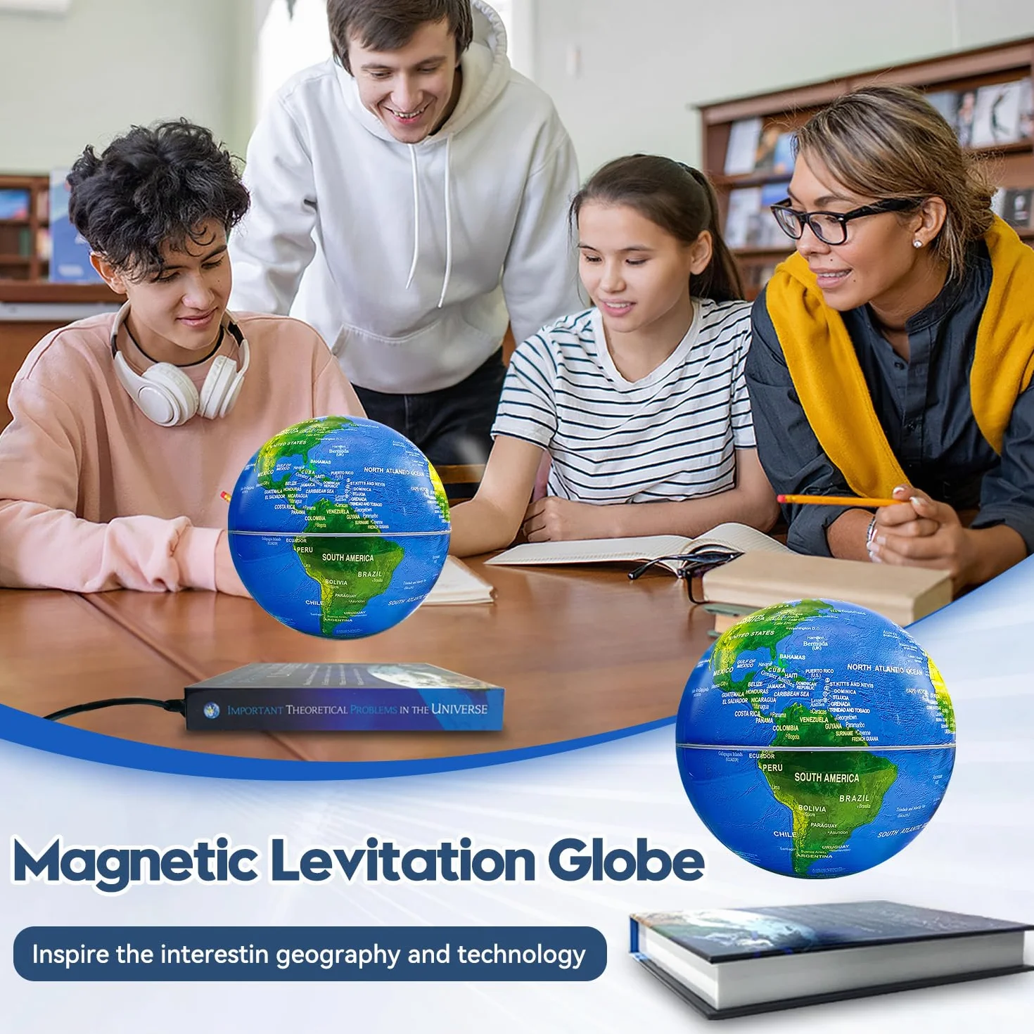 Flagest Magnetyczna unoszona kula ziemska z 16-kolorowymi diodami LED, obracająca się mapa świata z podstawą książkową na biurko do domu i biura, fajne gadżety techniczne dla mężczyzn, męża, chłopców