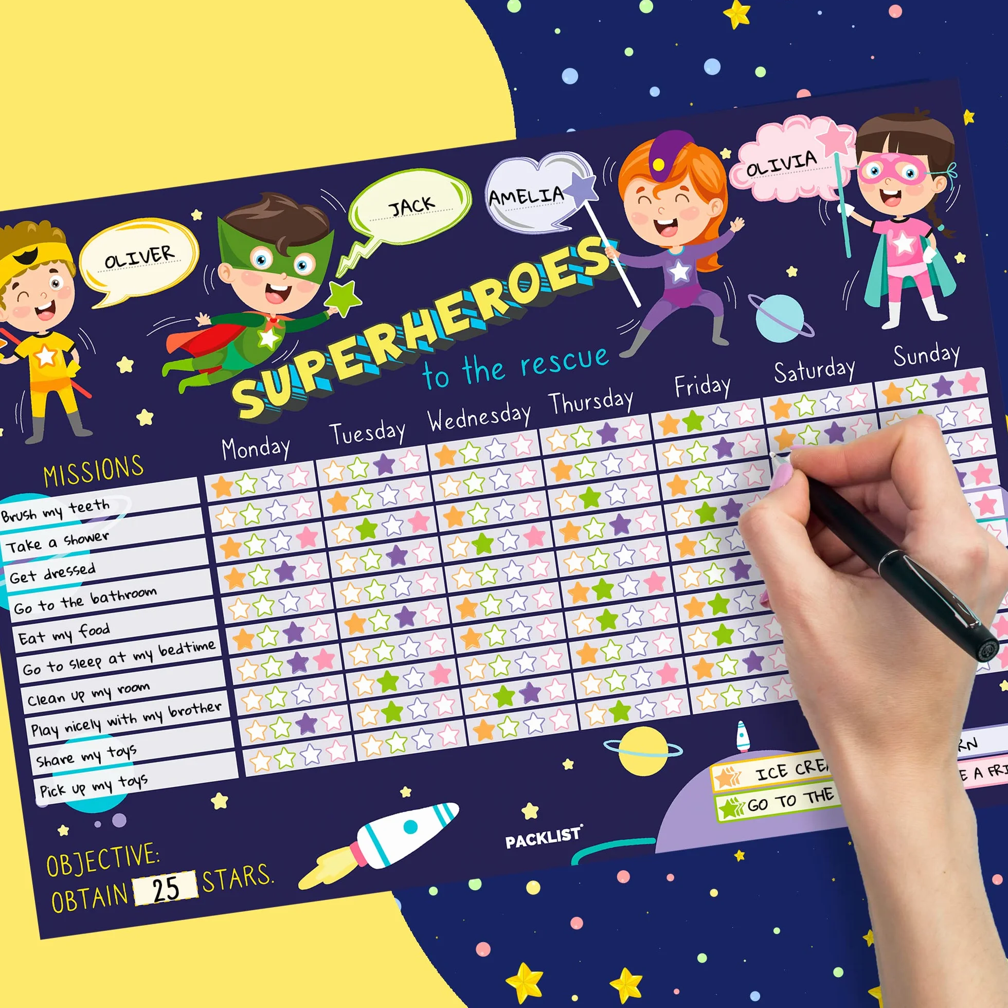 Reward Chart for Superhero Children. Kids Reward Chart, Learning Positively - Educational Weekly Calendar for Missions: Superheroes to the Rescue of Stars