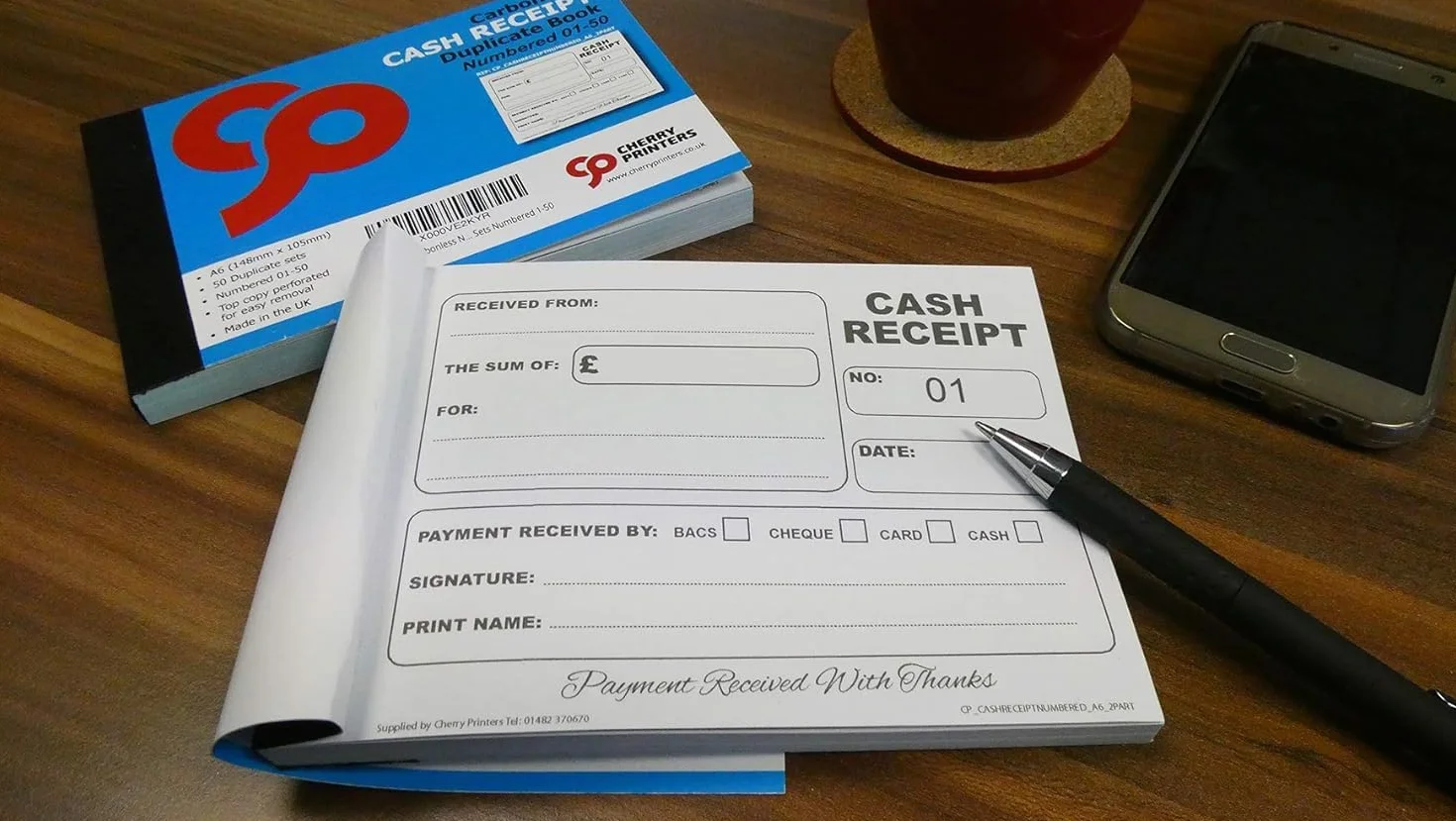Cherry Carbonless NCR Cash Receipt Book Duplicate A6 50 Ponumerowanych Zestaw 2 Sztuki