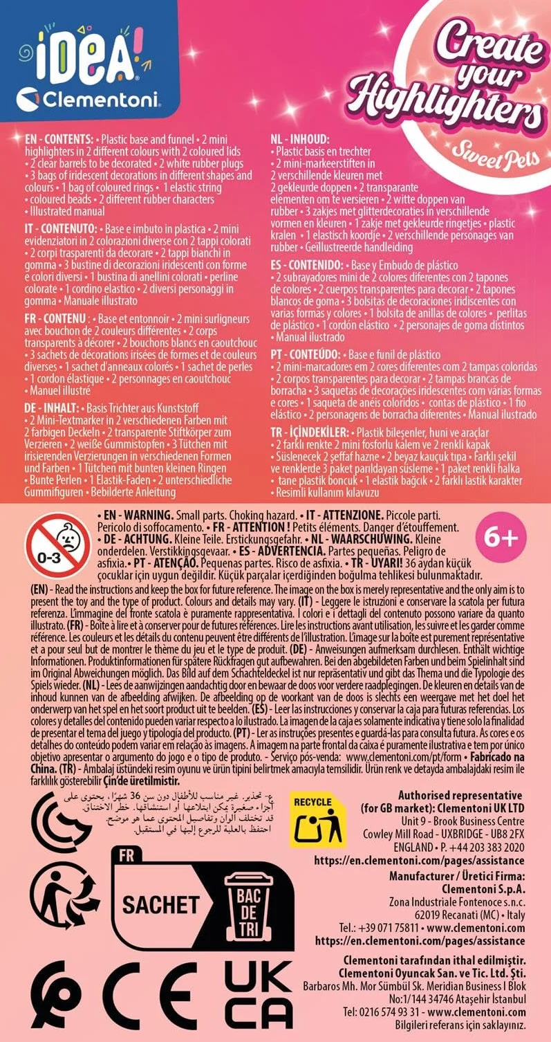 Clementoni Idea – Create Your Highlighters: Sweet Pets – laboratorium do spersonalizowanych zakreślaczy, kreatywny zestaw dla dzieci od 6 lat, z 2 spersonalizowanymi zakreślaczami z akcesoriami, 18875