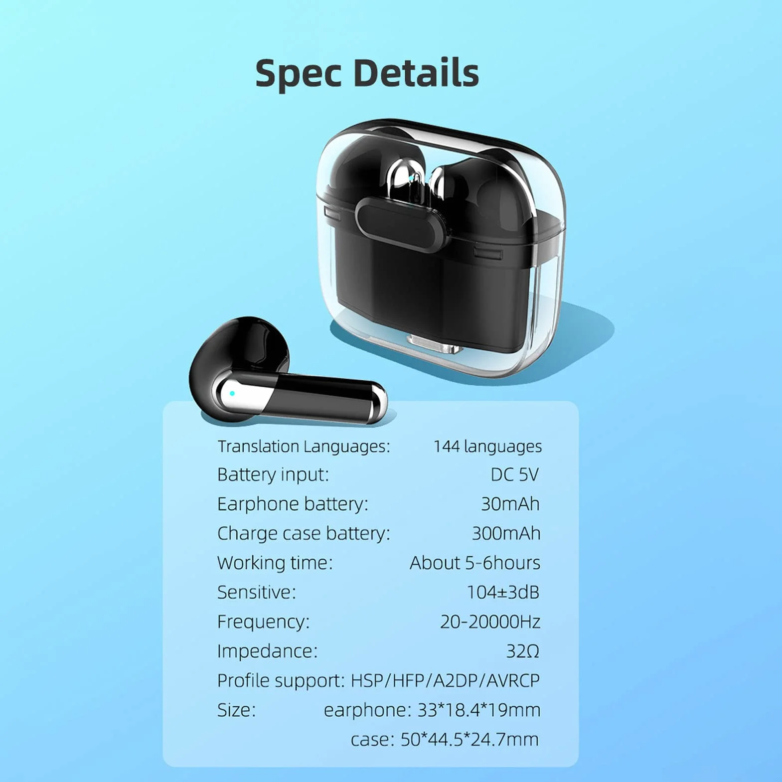 J207 Voice Translator Earbuds, BT5.3 Instant Voice Translation Device with Transparent Case, Language Translator Earbuds Supports 144 Languages