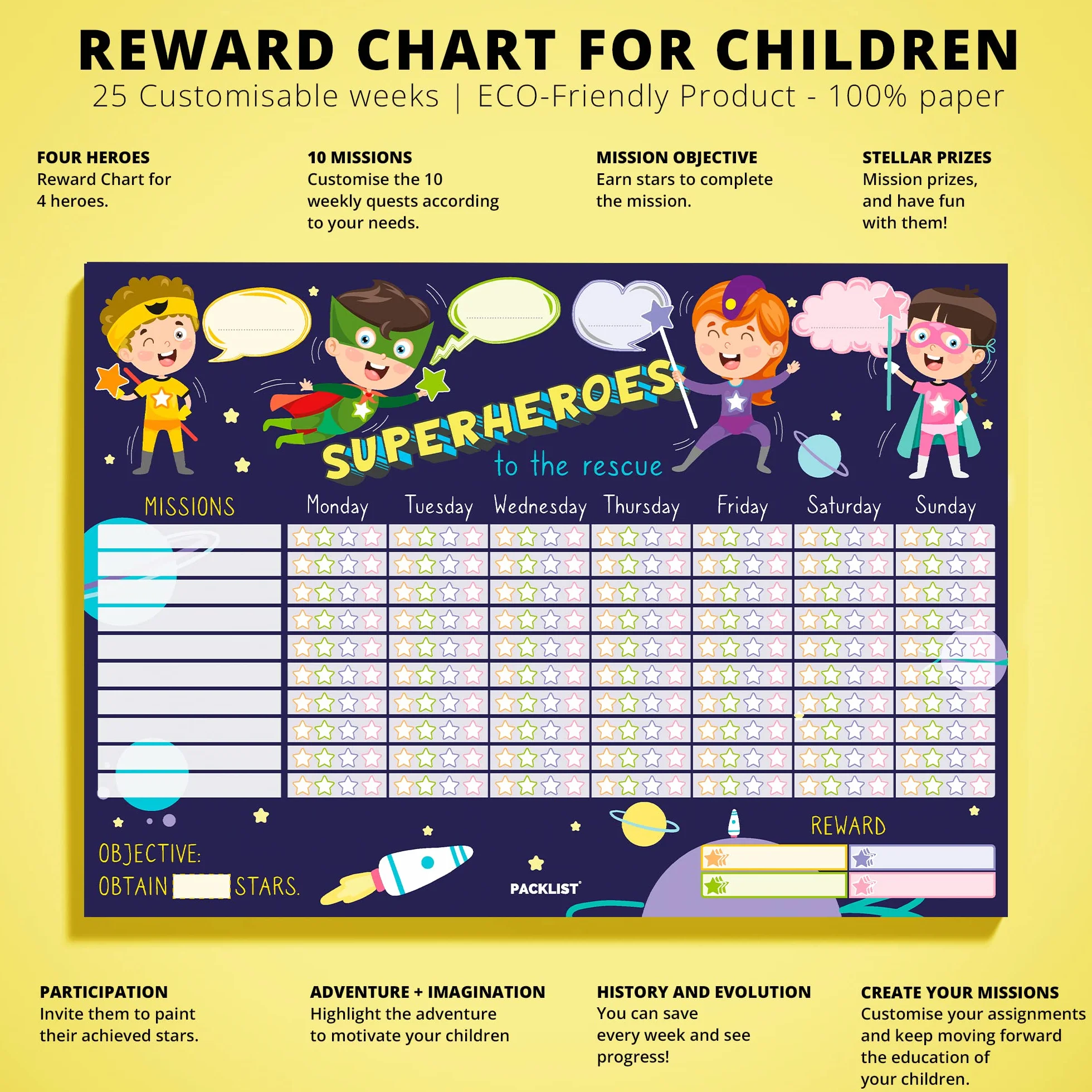 Reward Chart for Superhero Children. Kids Reward Chart, Learning Positively - Educational Weekly Calendar for Missions: Superheroes to the Rescue of Stars
