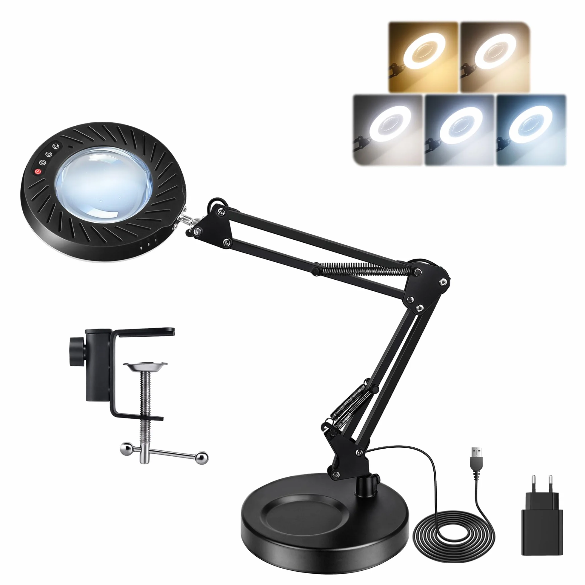 Akynite 12 x lupa ze światłem i stojakiem, adapter 2 A w zestawie, 5 kolorów, 9 jasności, 2 w 1, lampa na biurko, lampa przegubowa, lupa stołowa LED ze światłem, do rzemiosła, hobby, malarstwa, haftu