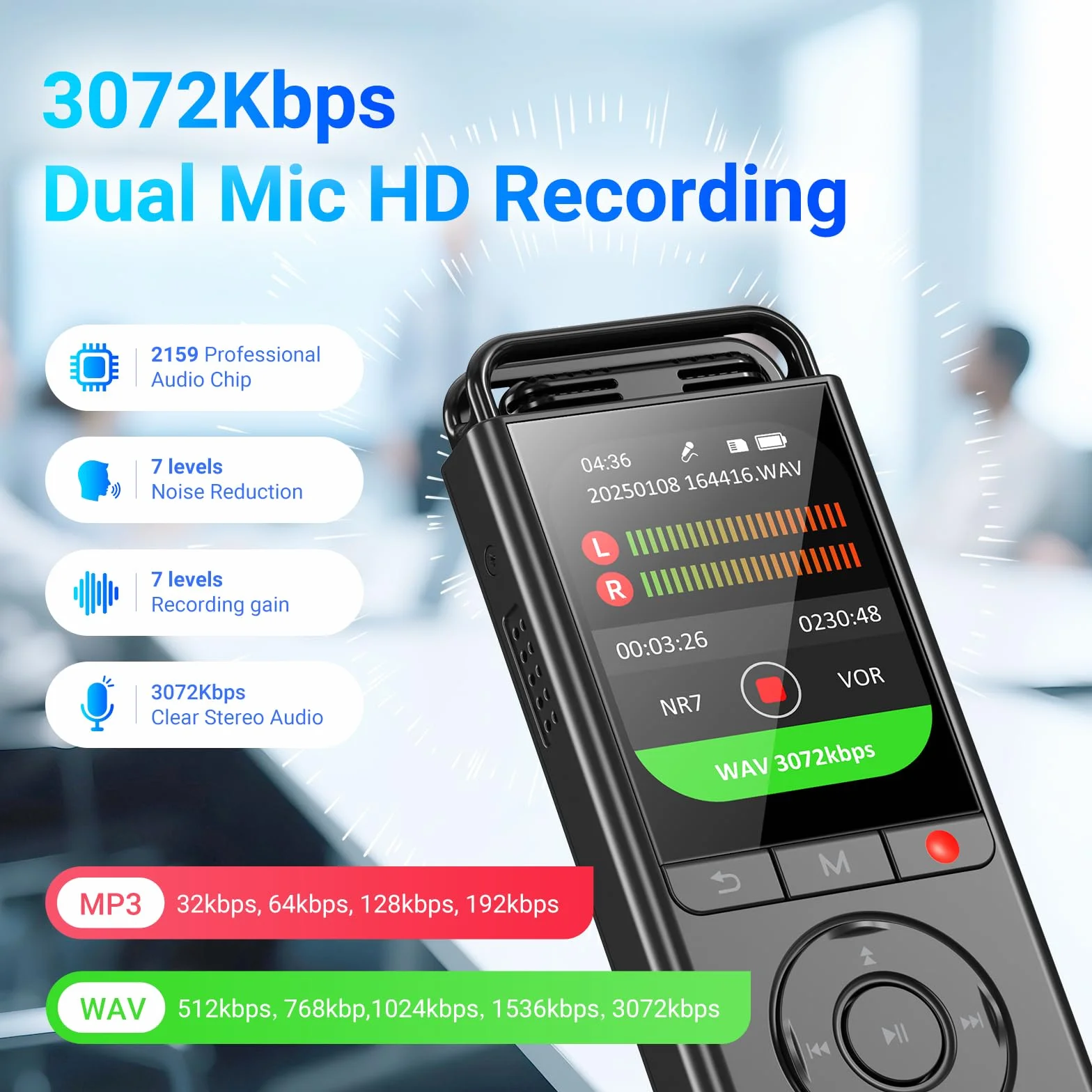 MECHEN Dyktafon cyfrowy 144 GB 3072 kbps HD audio redukcja szumów USB C