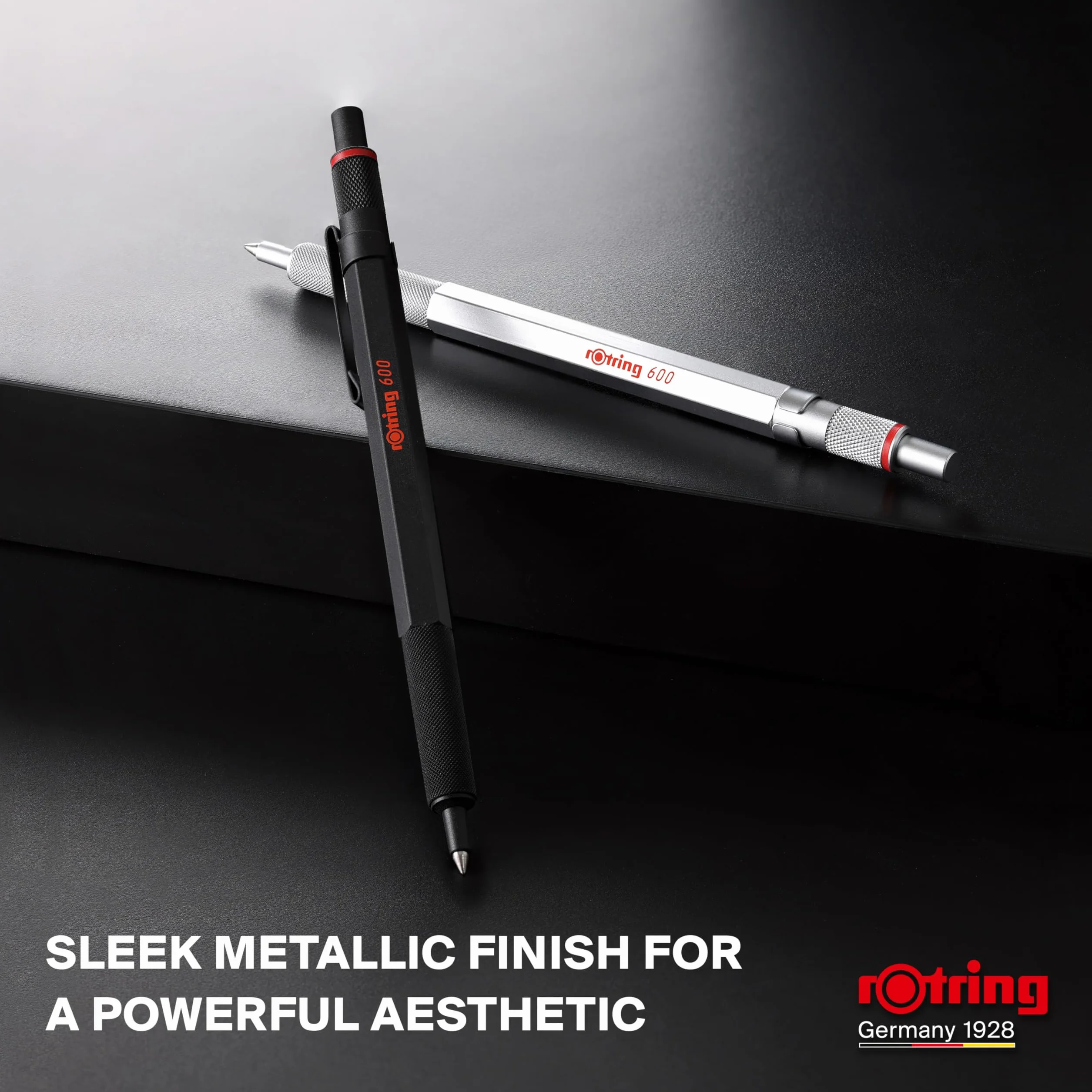 rOtring 600 Długopis żelowy | 0,55 mm | Czarny tusz | Srebrna metalowa obudowa | Antypoślizgowy uchwyt radełkowany i sześciokątny korpus | Z wymiennym wkładem