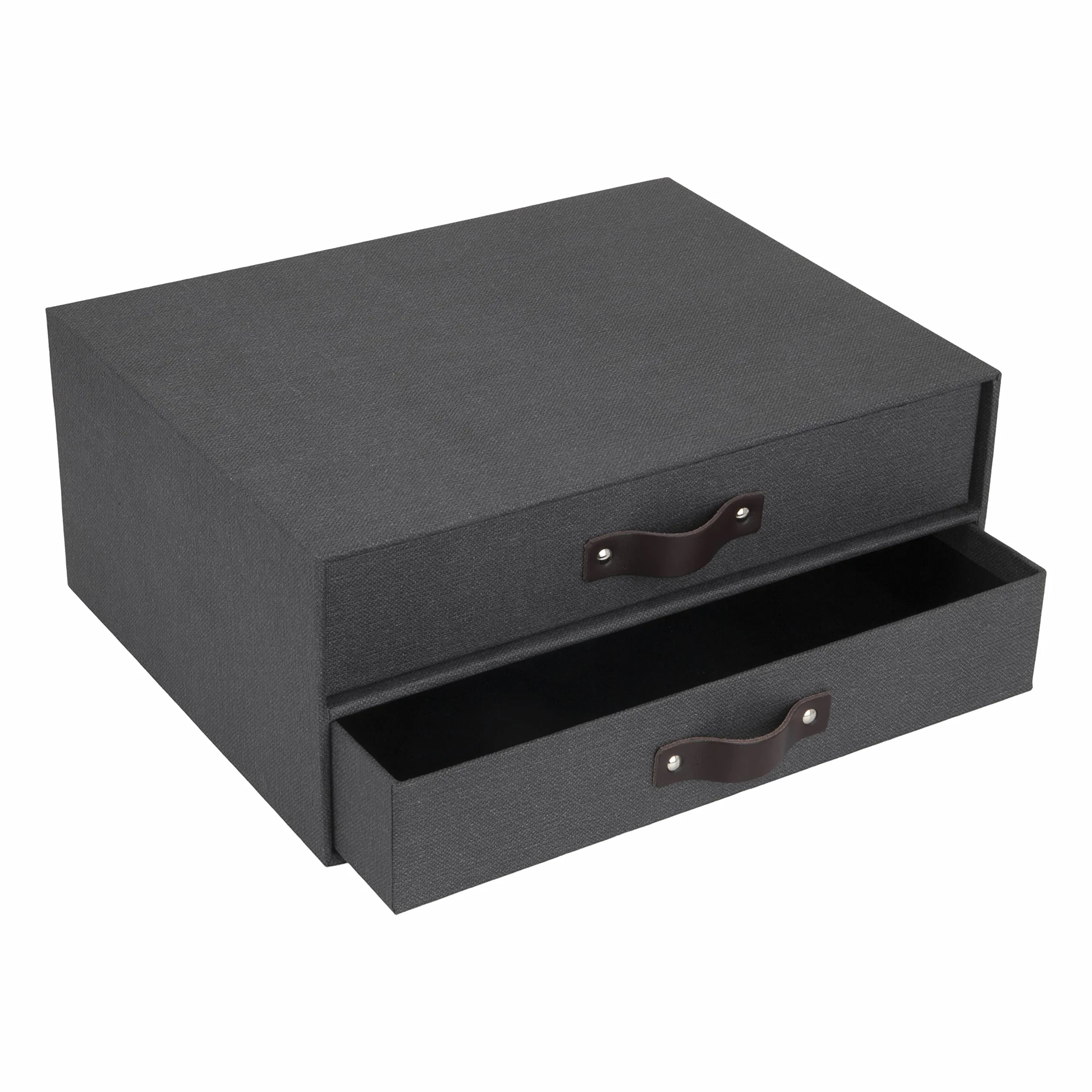 Bigso Box of Sweden 9431C6849LEA648 Mini komoda biurowa na dokumenty i materiały biurowe – Organizer na biurko z 2 szufladami – pudełko z szufladami z włókna drzewnego i papieru – czarny