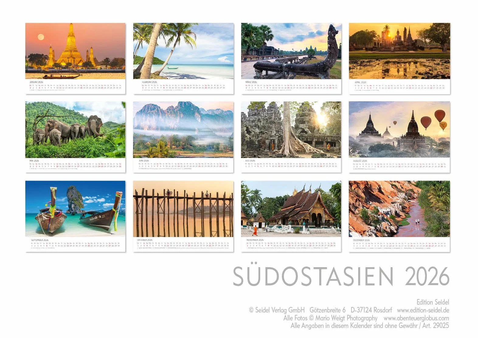 Edition Seidel Kalendarz premium Azja Południowo-Wschodnia 2026, format DIN A3, kalendarz ścienny, Azja, Tajlandia, Kambodża, Mjanma, Wietnam, Laos, świątynia, Bhudda Mario Weigt