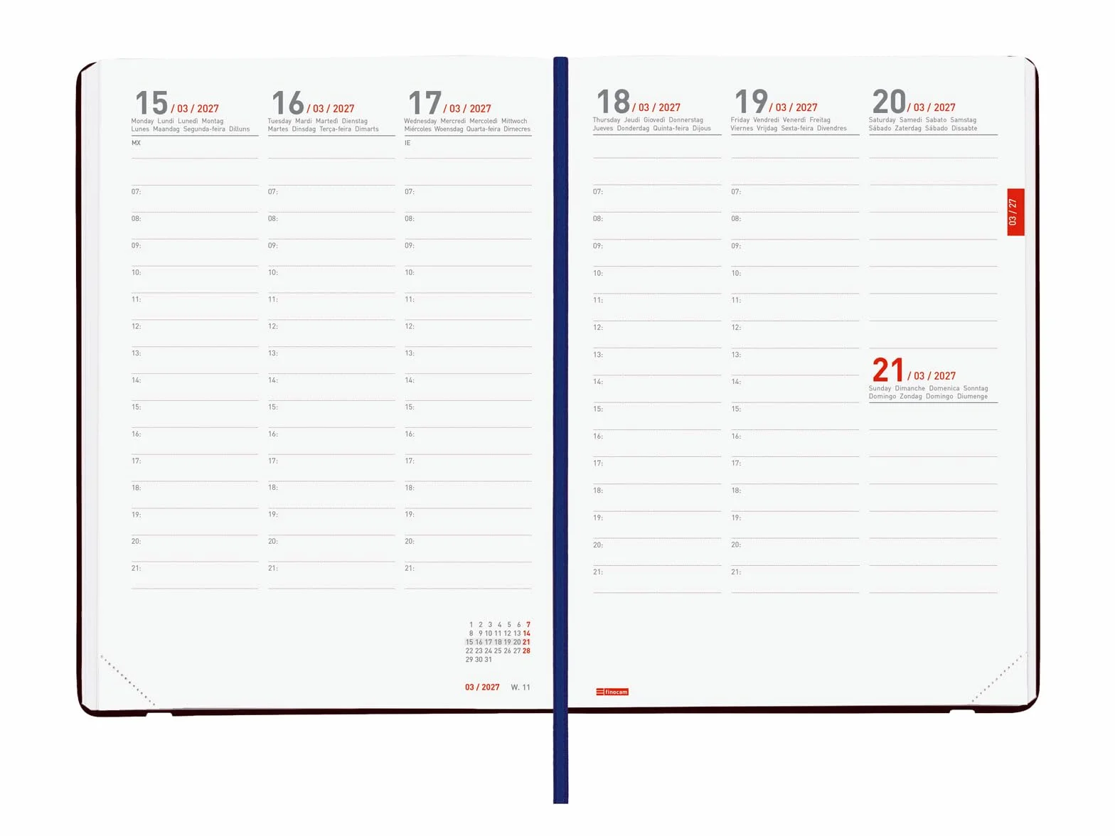 Finocam Mara Weekly Planner 18-Month | Weekly View Vertical Layout · July 2026 to December 2027 | Blue · International - Week-to-view diary