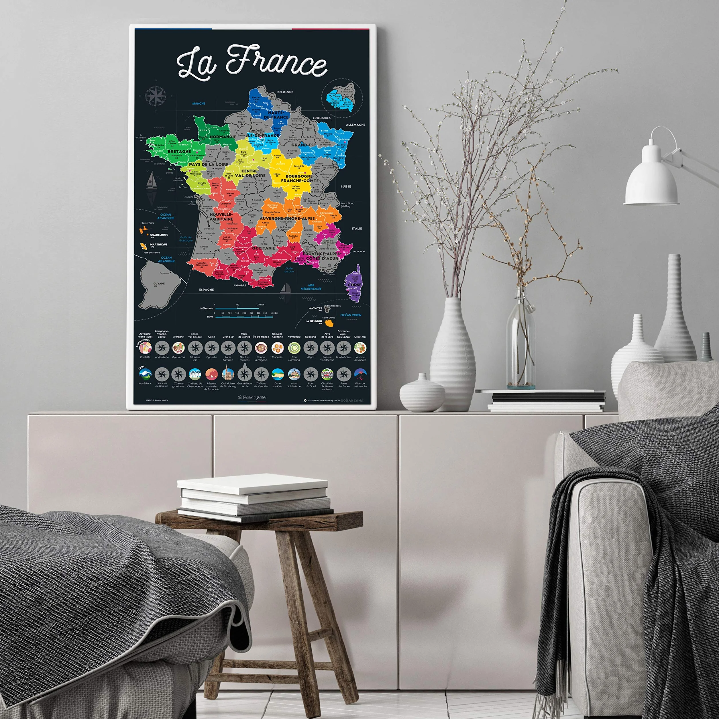 Bonanzana - Mapa Francji do drapania - 70x42 cm - Plakat do drapania regionów i wydziałów francuskich odwiedzanych z naczyniami i miejscami - Karta prezentowa ścienna z podróży - Scratch Off Map