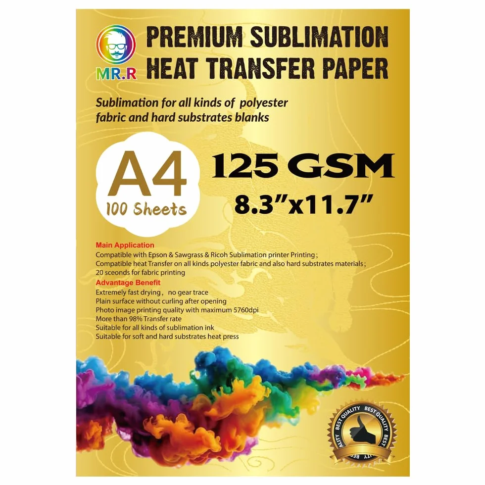 Papier termotransferowy premium do sublimacji 125 g/m² z arkuszami A4 × 100 arkuszy zarówno do tkanin poliestrowych, jak i twardych sztywnych materiałów podłoża. Nadaje się do drukarki atramentowej