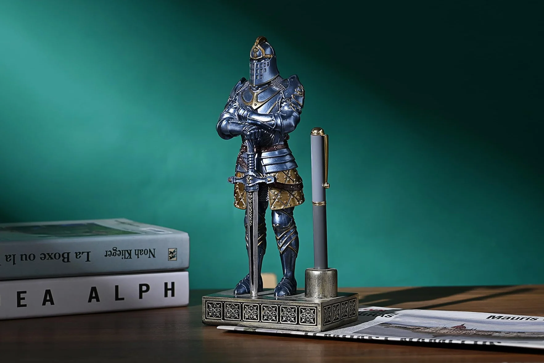 King's Guard rycerz stojak na długopisy statuetka biurowy stojak na długopisy organizer na biurko dla mężczyzn najlepsza kolekcja jako prezent 24 cm (niebieski)