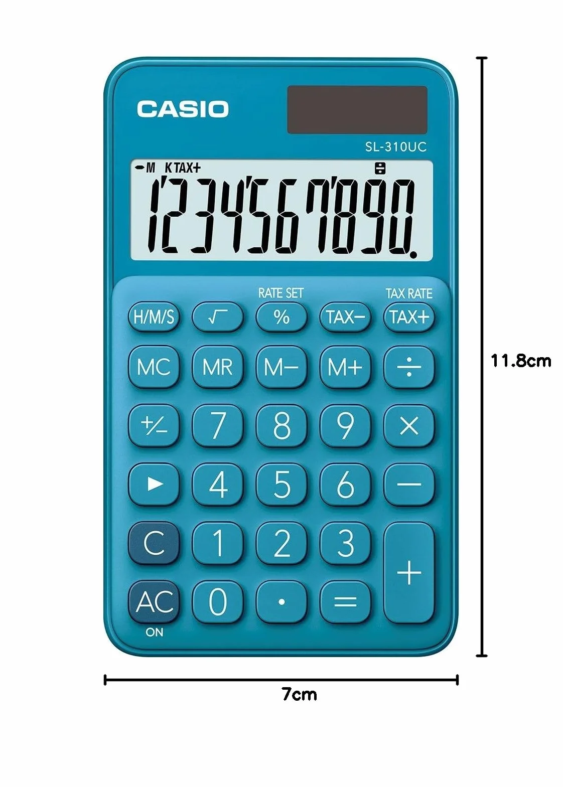 CASIO Kalkulator SL-310UC, 10-cyfrowy, modne kolory, obliczenie podatku, podział tysięcy, zasilanie bateryjne, 0,8 x 7 x 11,8 cm