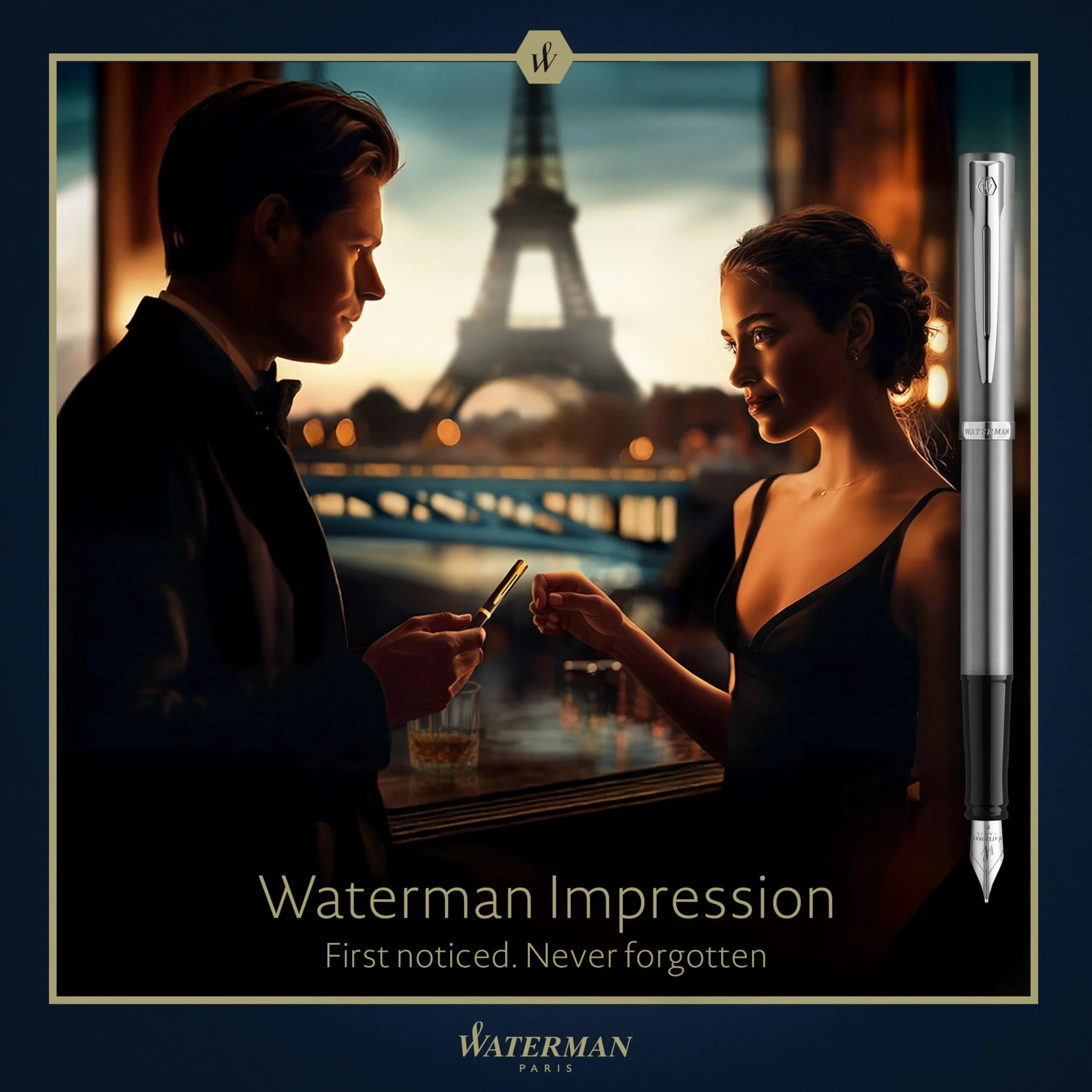 Waterman Impression Wieczne pióro | Cienka stalówka z niebieskim wkładem | Stal nierdzewna z wykończeniem pokrytym palladem | Pudełko upominkowe