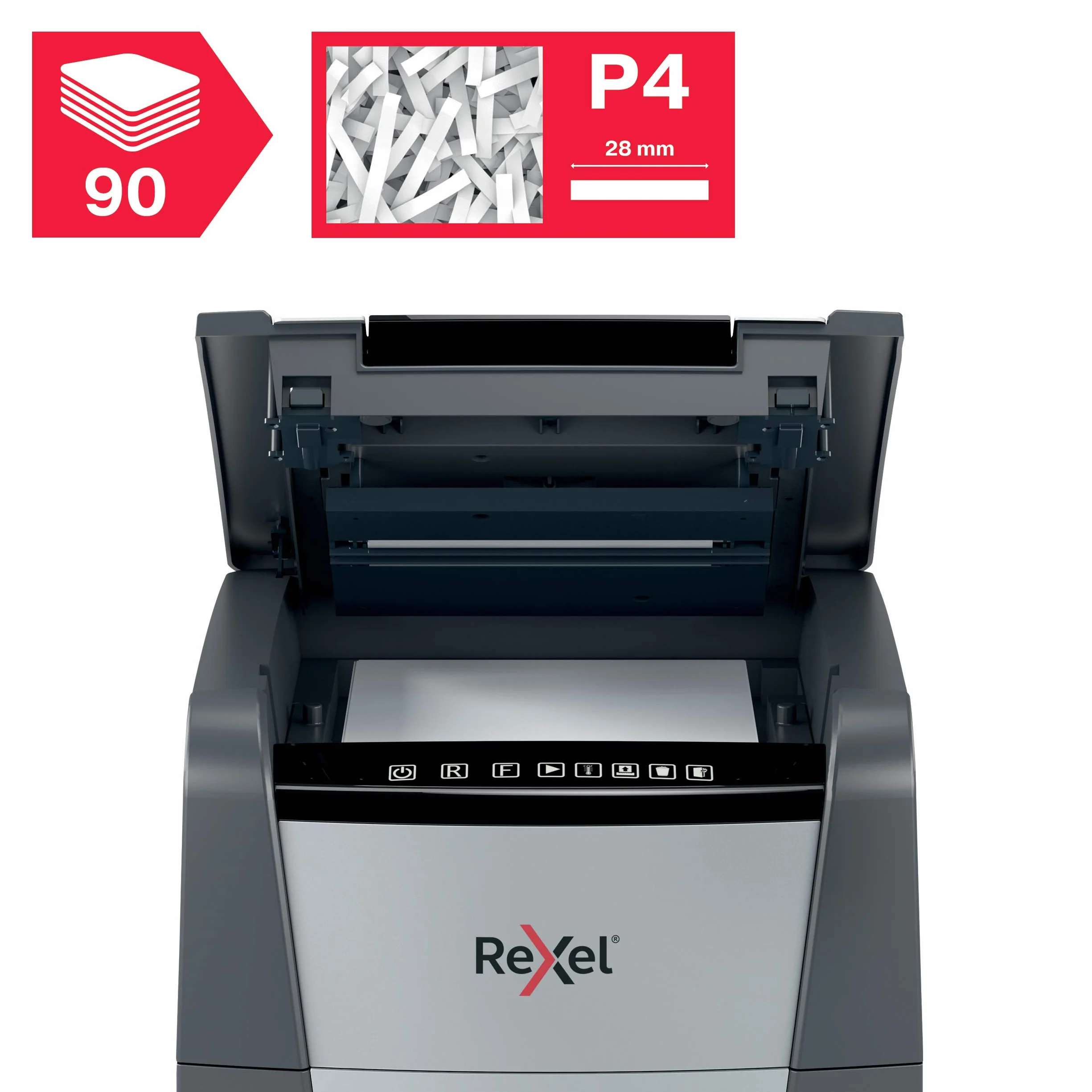 Rexel Optimum Auto Feed+ Automatyczna Niszczarka do Papieru, 90 Arkuszy, Bezpieczeństwo P-4, Tnie na Konfetti, do Domowego Biura, Pojemność 34 L, 2020090X