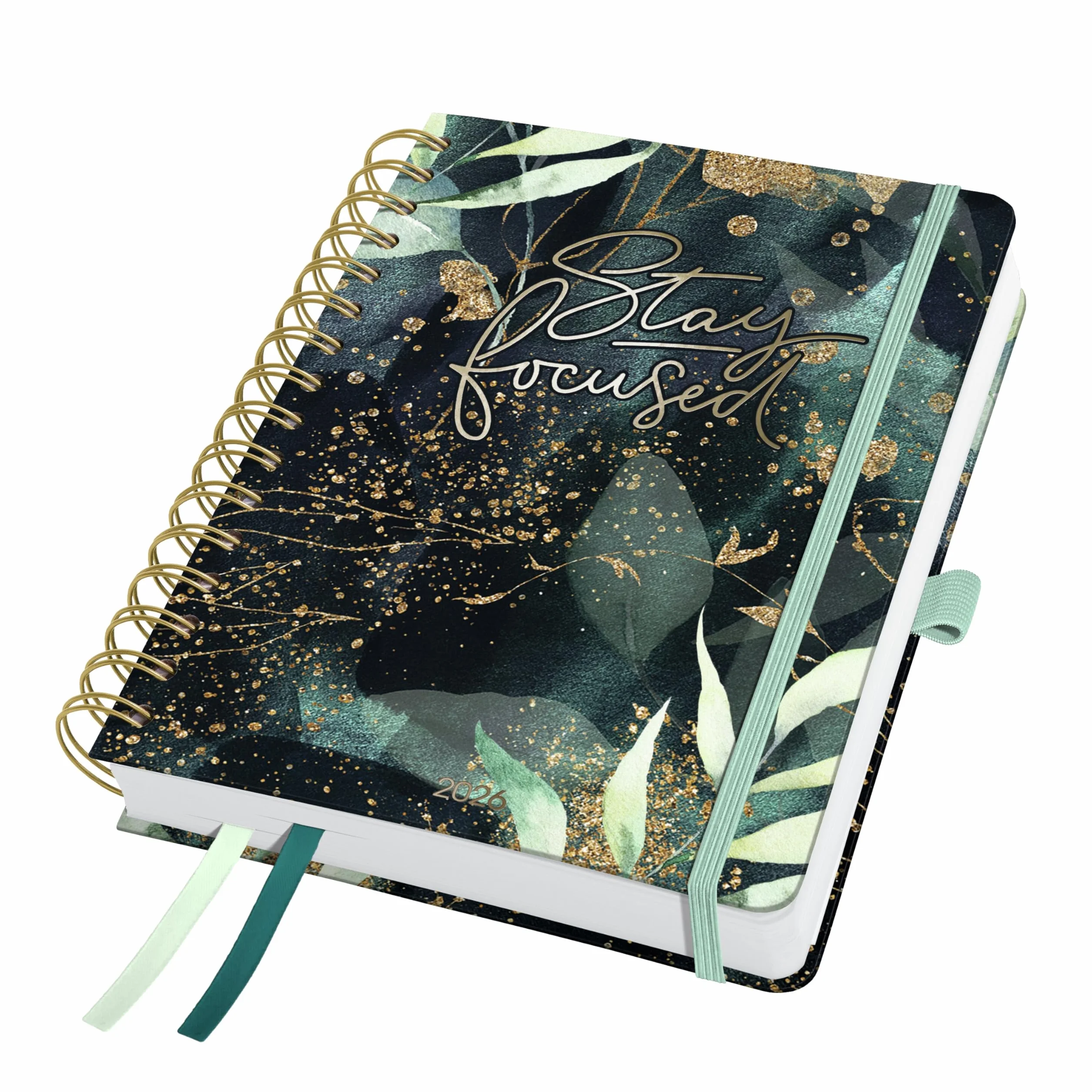 SIGEL J6603 Spiral-Kalender Jolie 2026, ca. A5, , schwarz, grün, gold: Notebook Jolie, Inspire, Glamorous Leaves, Hardcover