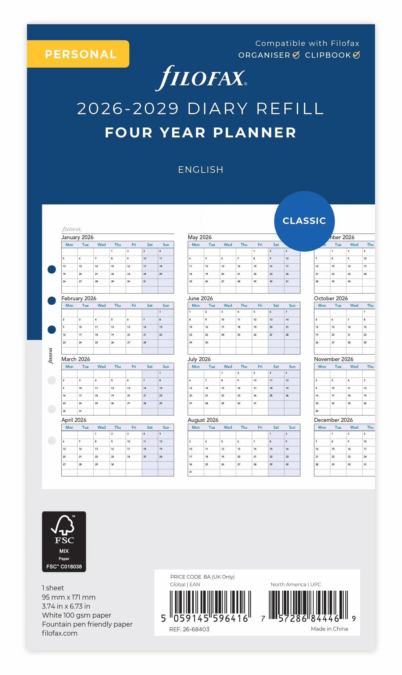 Filofax Osobisty czteroletni planer pionowy 2026-2029 26-68403