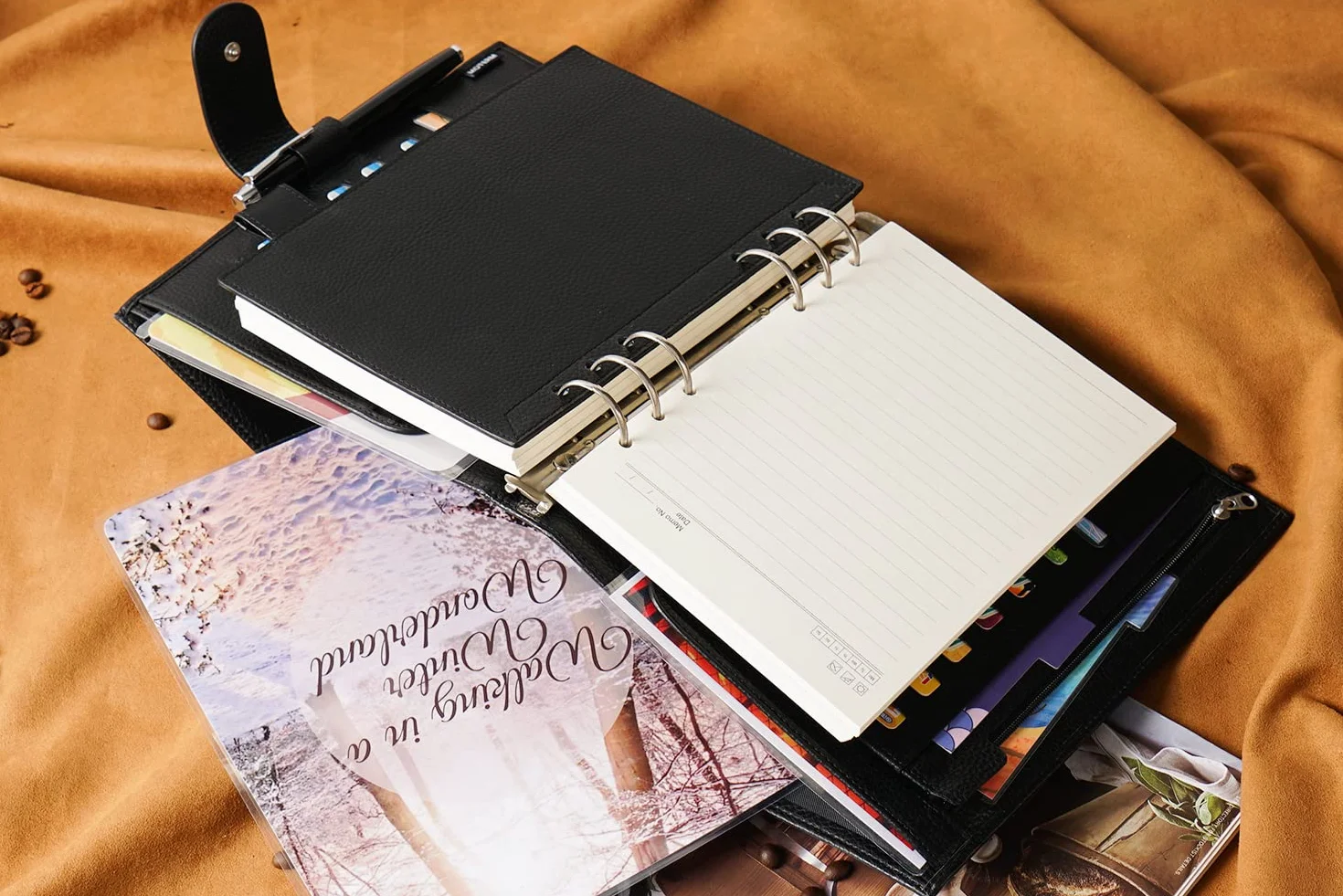Moterm A5 Luxe Ringe Planer - Echtes Leder Binder Organizer (Kiesel-Schwarz,30mm Ring)